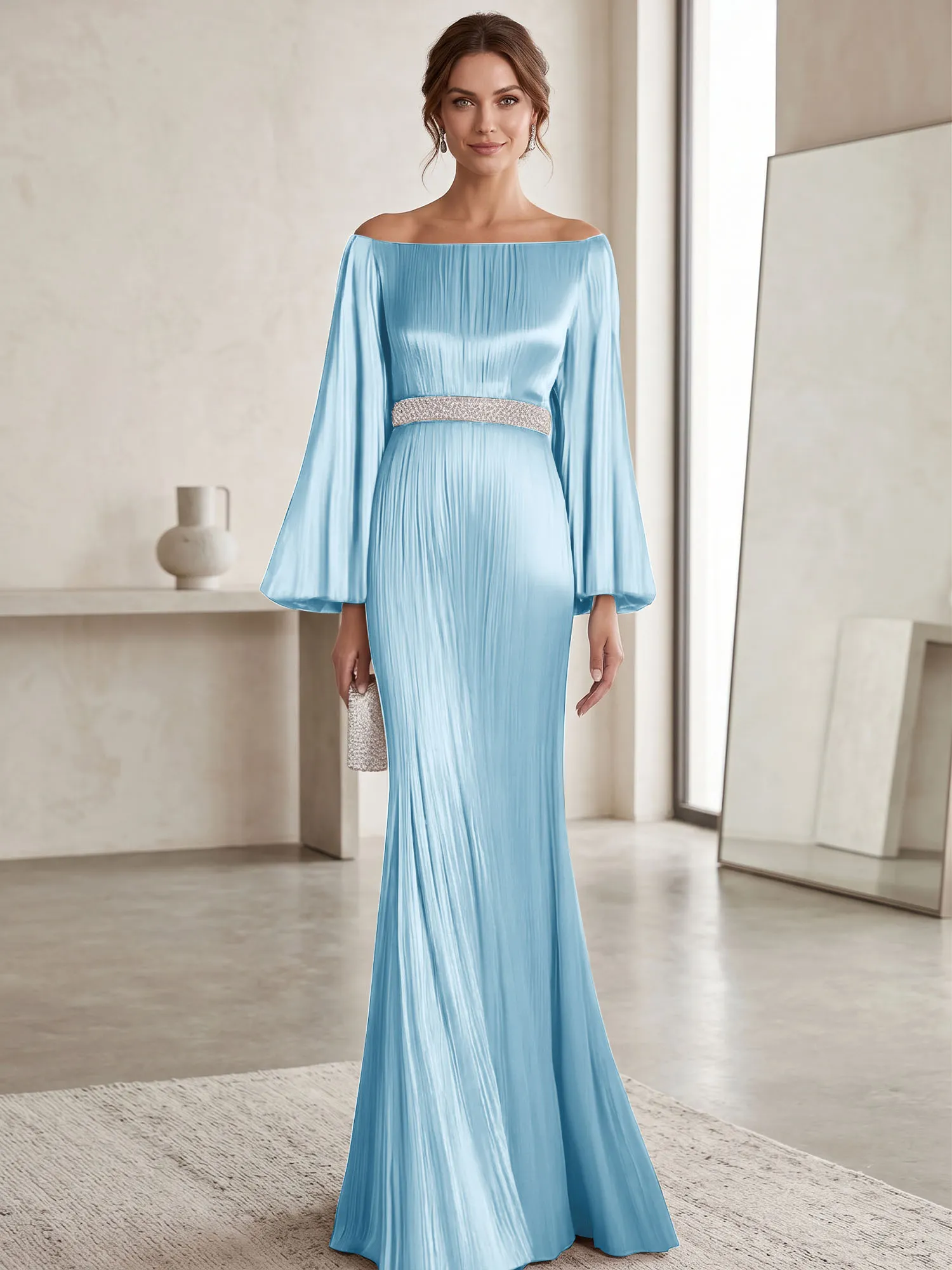Off-the-Shoulder Pleated Satin Evening Gown with Beaded Waistband