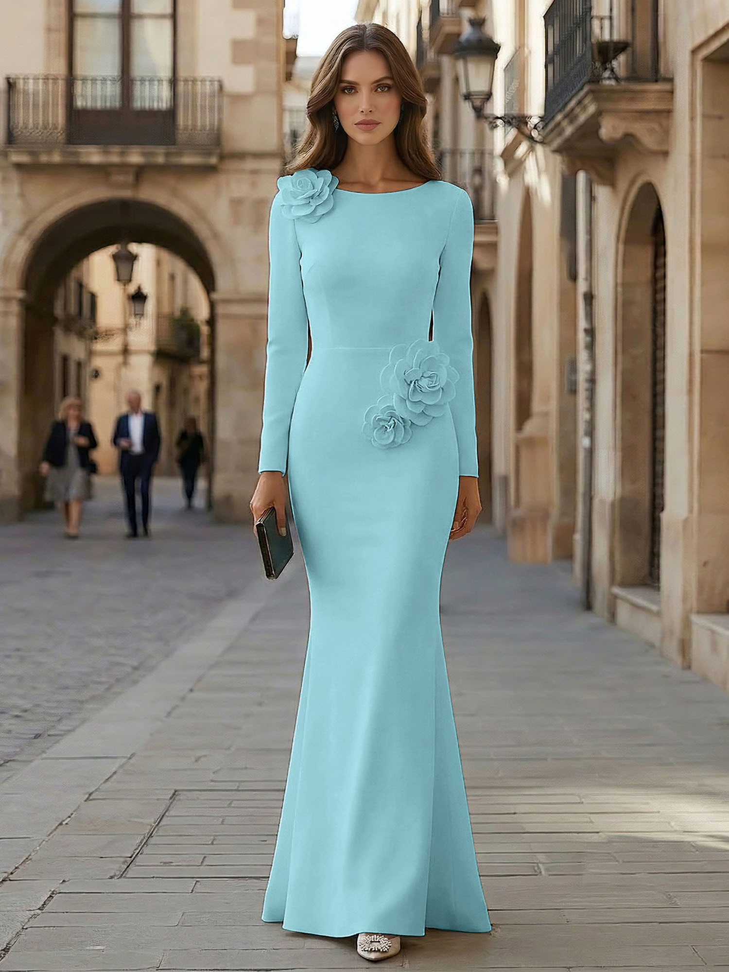 Elegant Pure White Formal Evening Dress Long-Sleeve 3D Floral Crepe Maxi Dress Gown