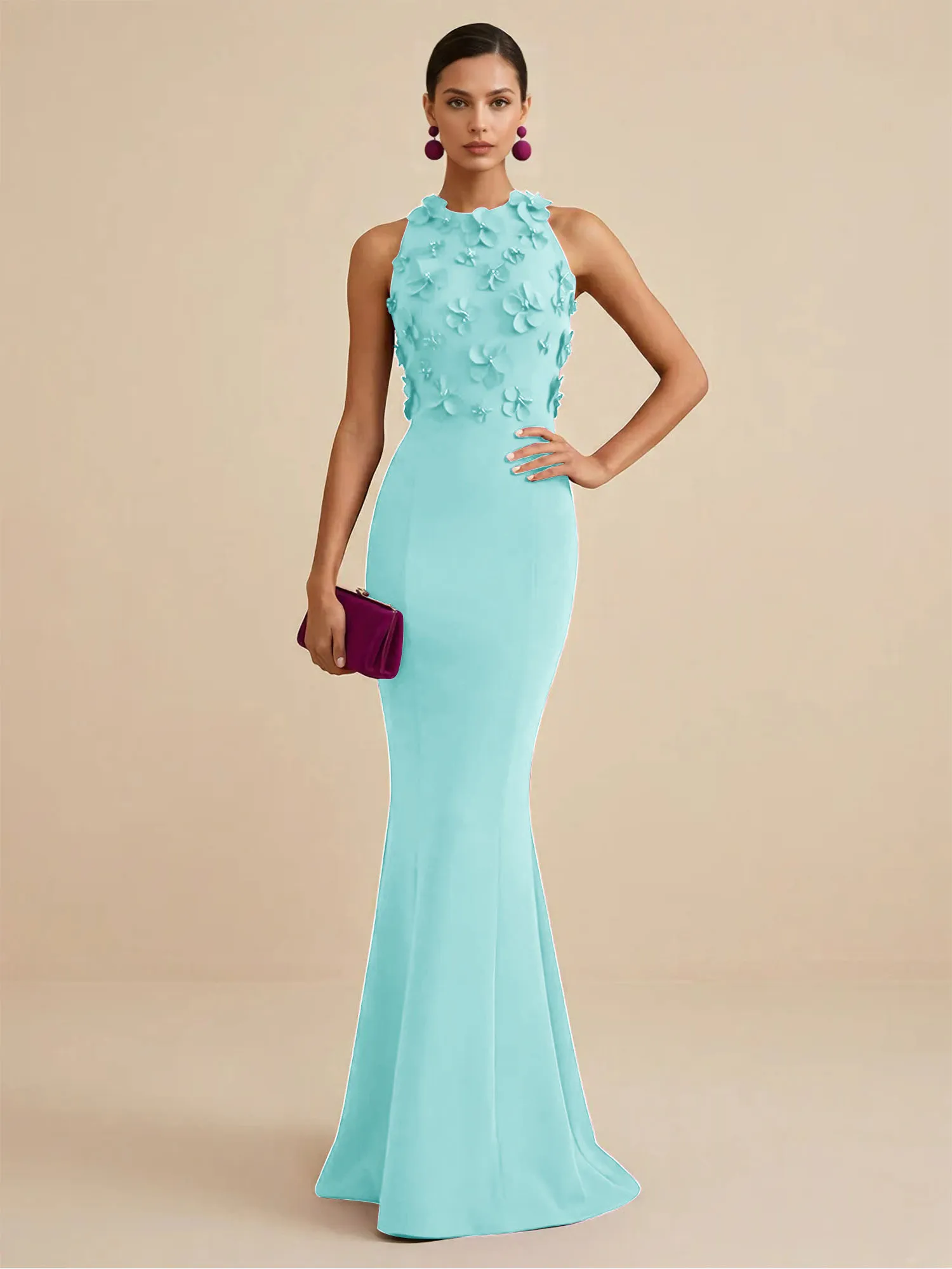 Scoop Neck 3D Floral Appliqué Crepe Mermaid Evening Gown