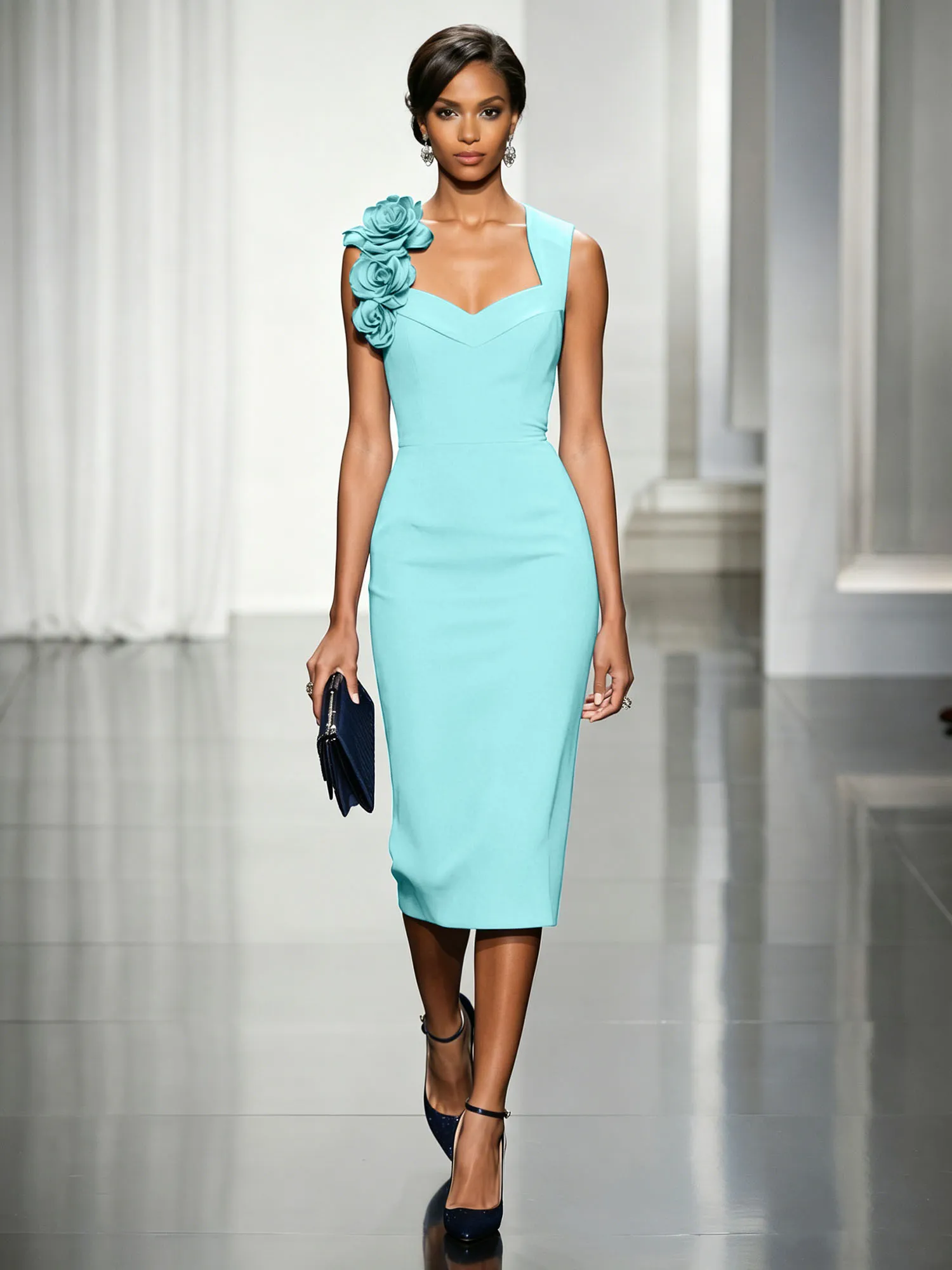 Asymmetric Neckline Crepe Midi Dress with 3D Floral Appliqué