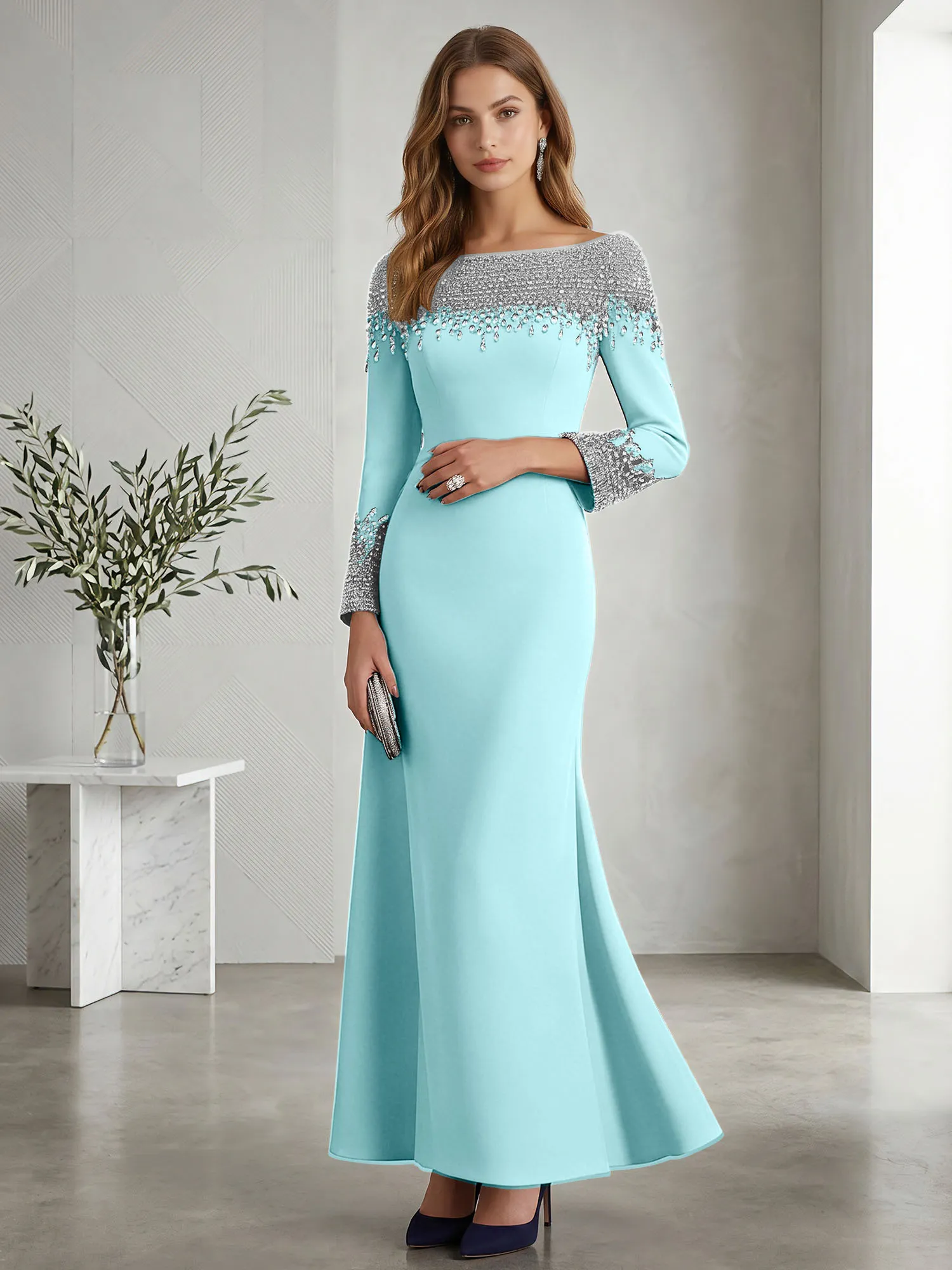 Beaded Off-the-Shoulder Long Sleeve Mermaid Evening Gown