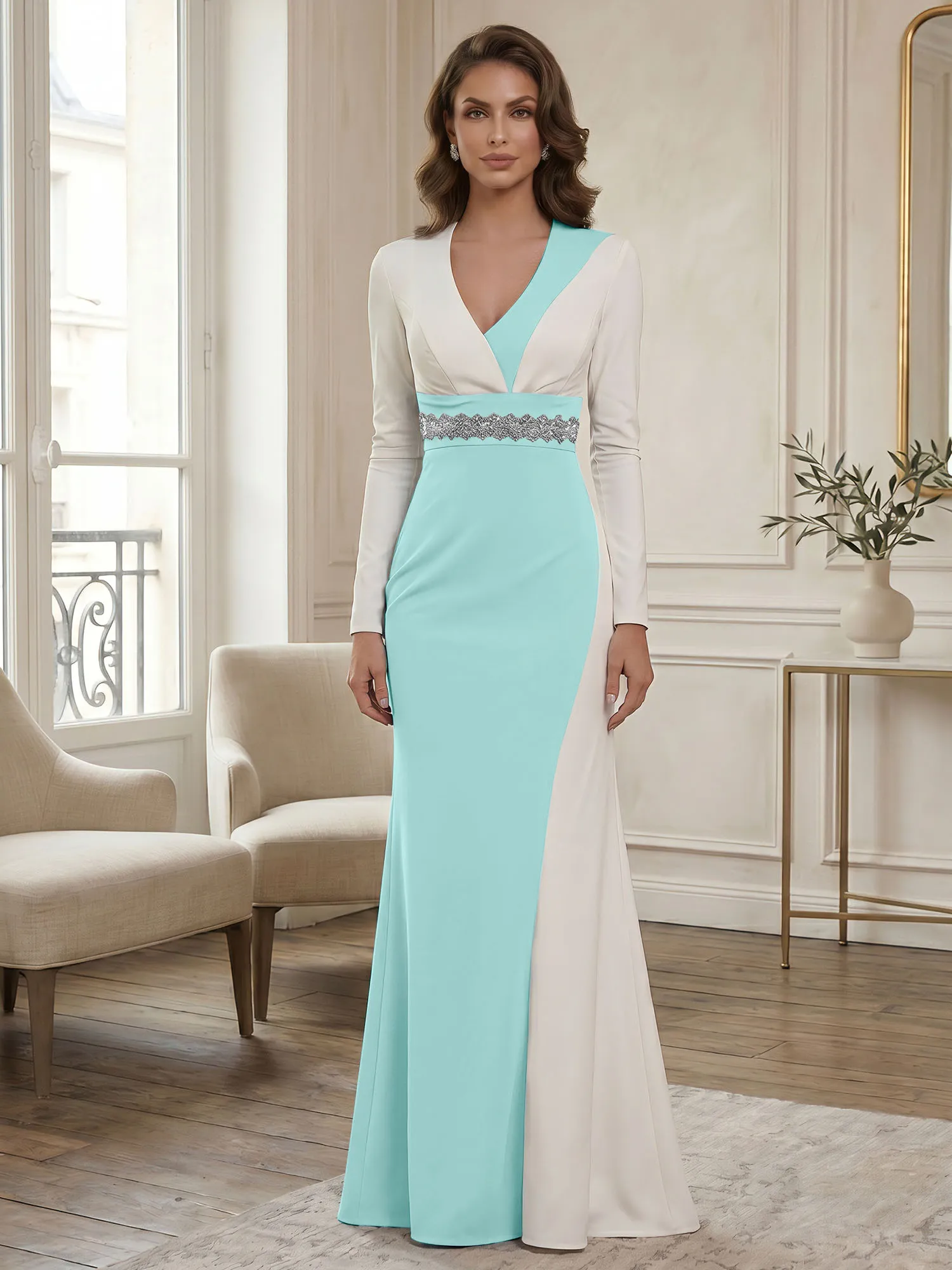 Two-Tone Long Sleeve Mermaid Evening Gown with Beaded Waistband