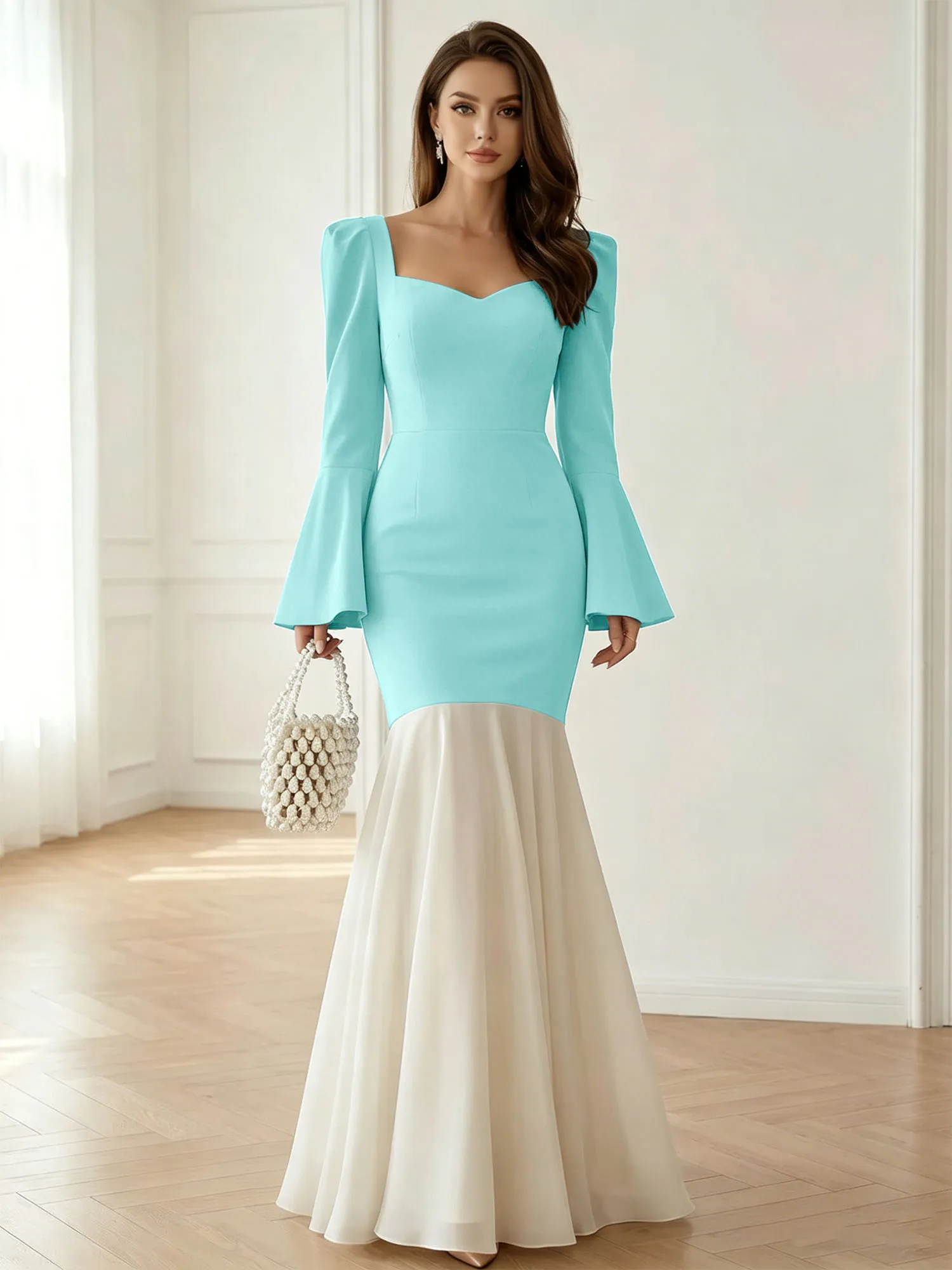 Sweetheart Neck Bell Sleeve Two-Tone Mermaid Evening Gown