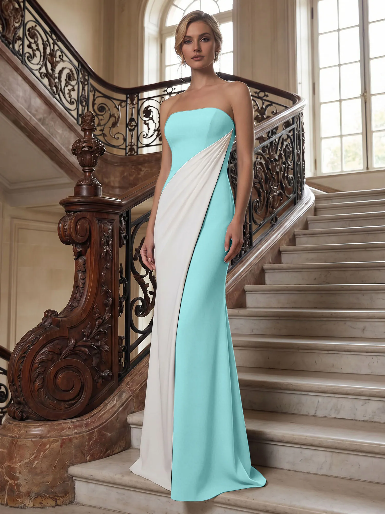Strapless Two-Tone Draped Mermaid Evening Gown