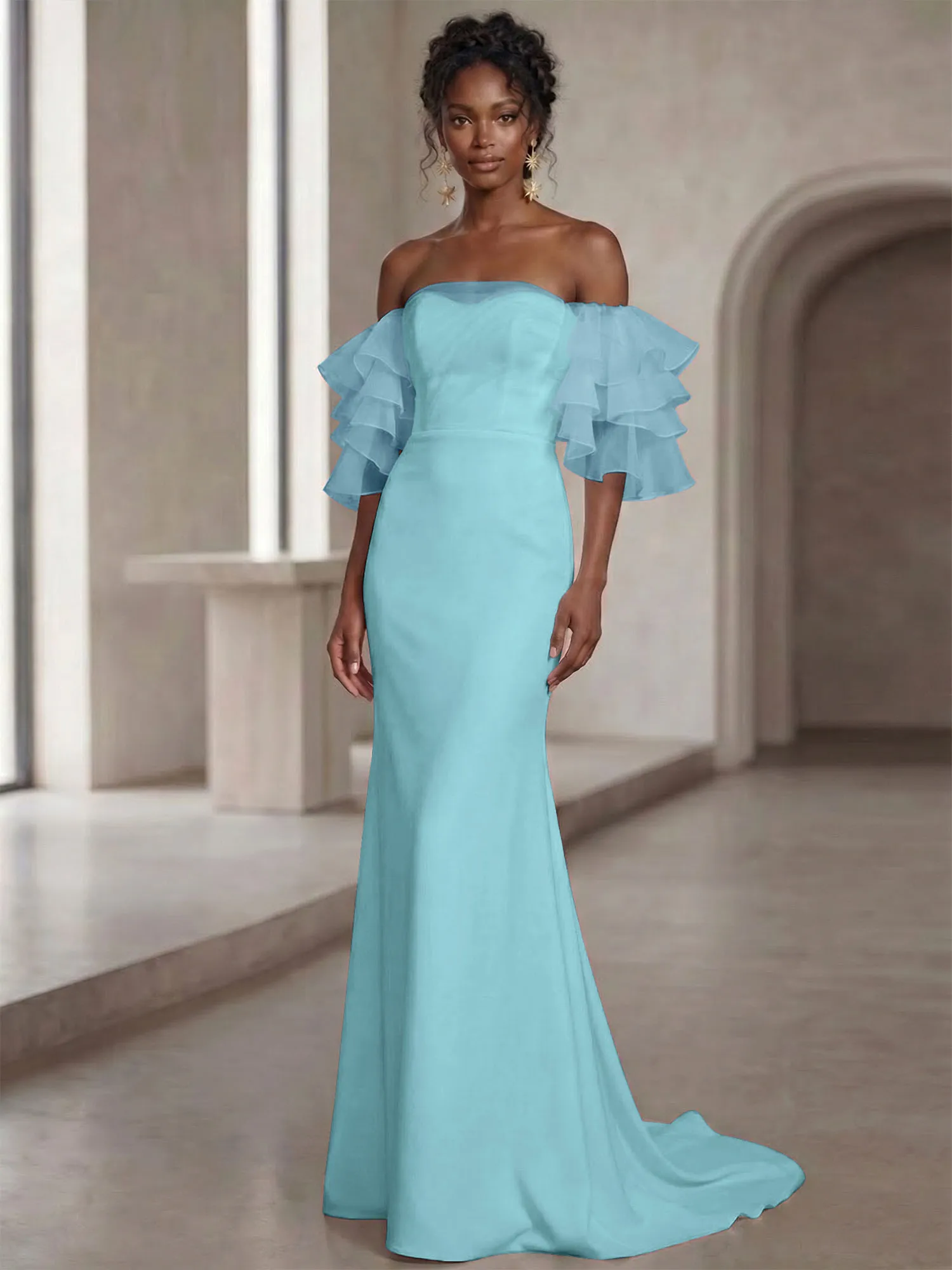 Off-the-Shoulder Tiered Organza Sleeve Mermaid Evening Gown