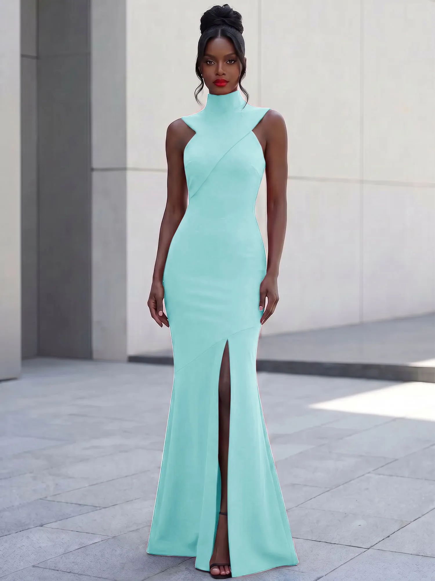 High Neck Asymmetric Cutout Mermaid Evening Gown