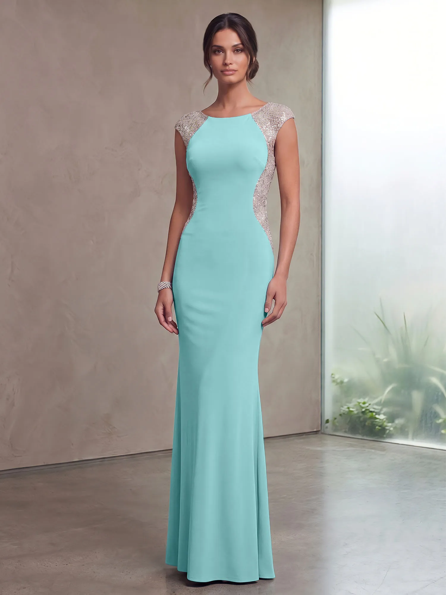 Bateau Neck Sequins Cap Sleeve Mermaid Evening Gown