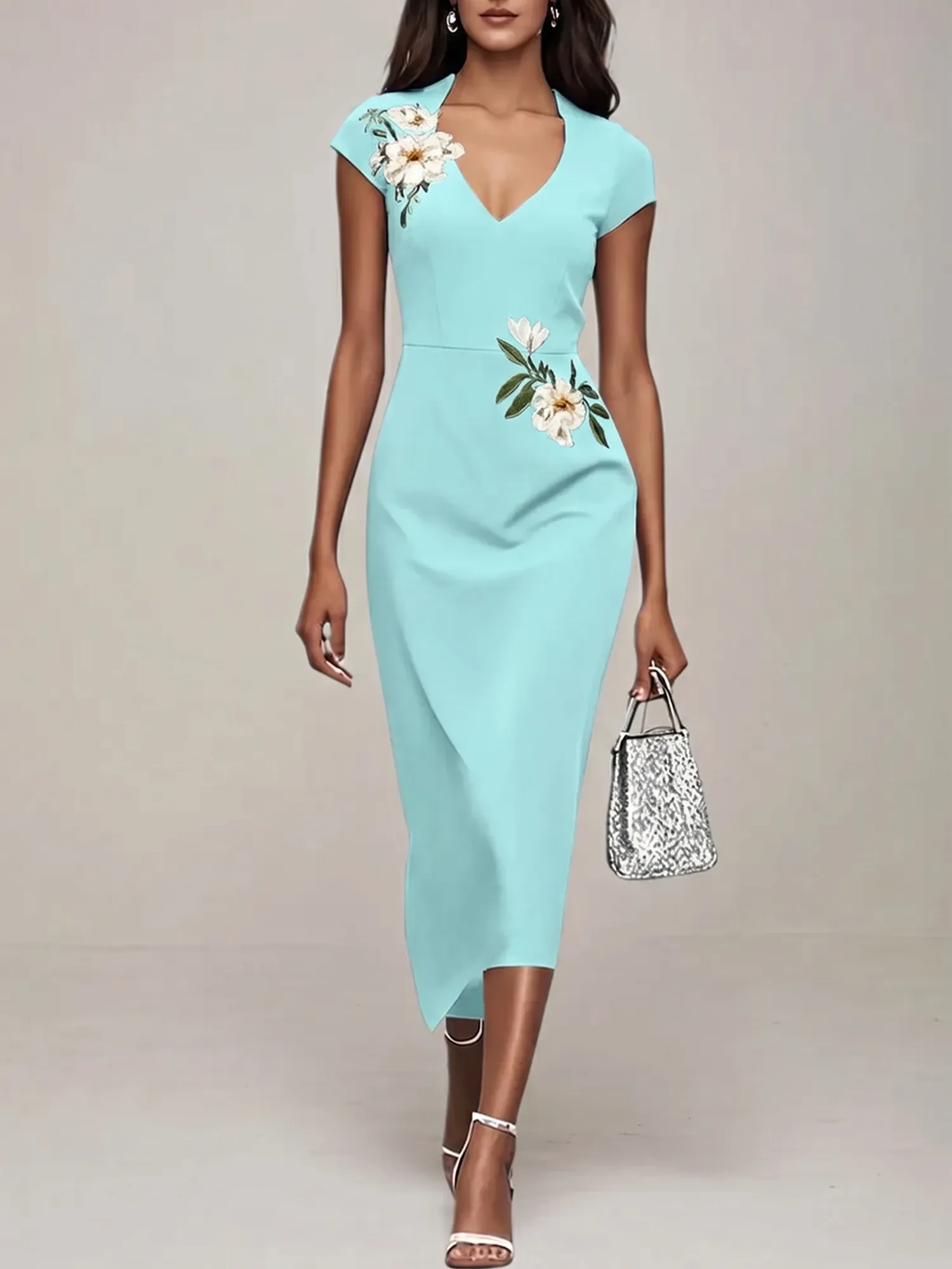 V-Neck Cap Sleeve Floral Embroidered Sheath Evening Dress