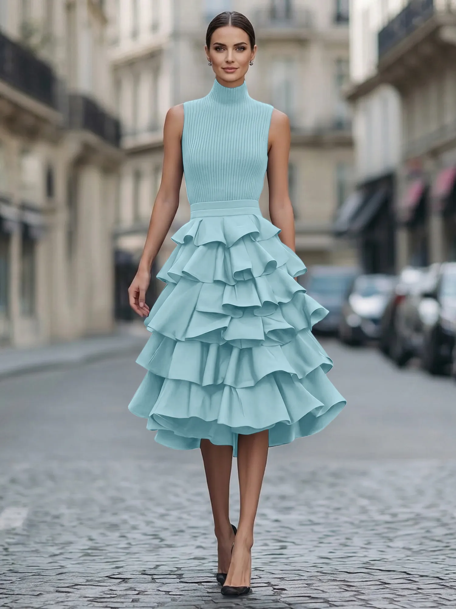 A Line High-Neck Pleated Tiered Evening Dress Maxi Dress