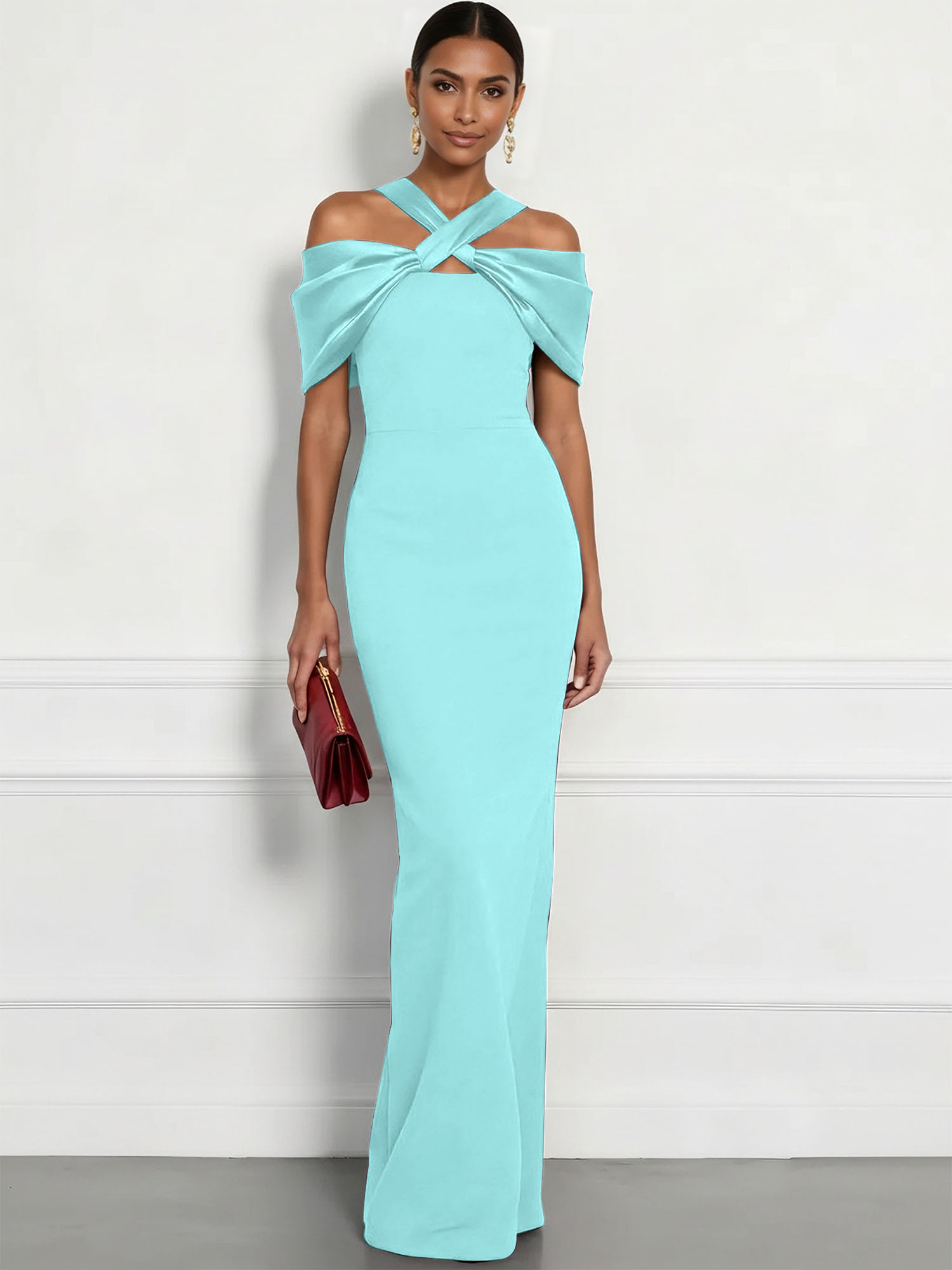  Regal Plum Crepe Column Gown with Satin Criss-Cross Halter Maxi Dress