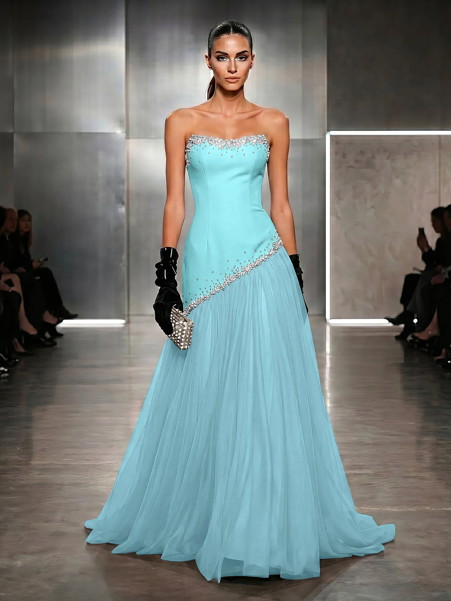 Strapless Tulle Beaded Corset Evening Gown Maxi Dress