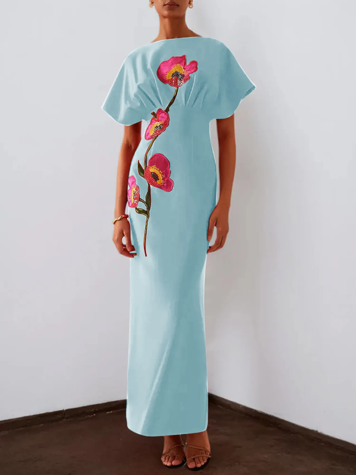 Floral Embroidered Boat Neck Batwing Sleeve Column Evening Gown