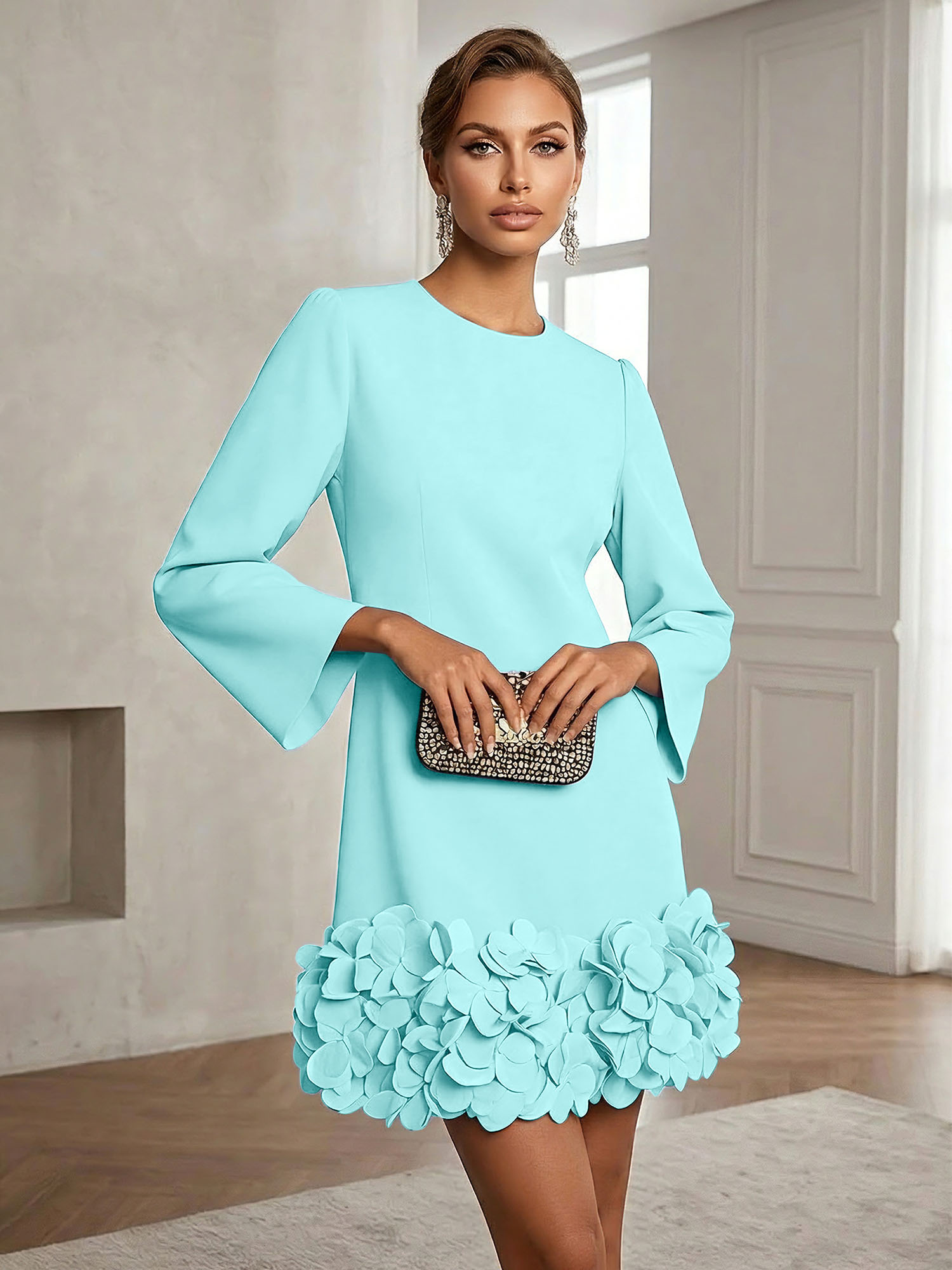 Powder Blue 3D Floral Classic Crew Neck Bell Long Sleeve Shift Mini Dress