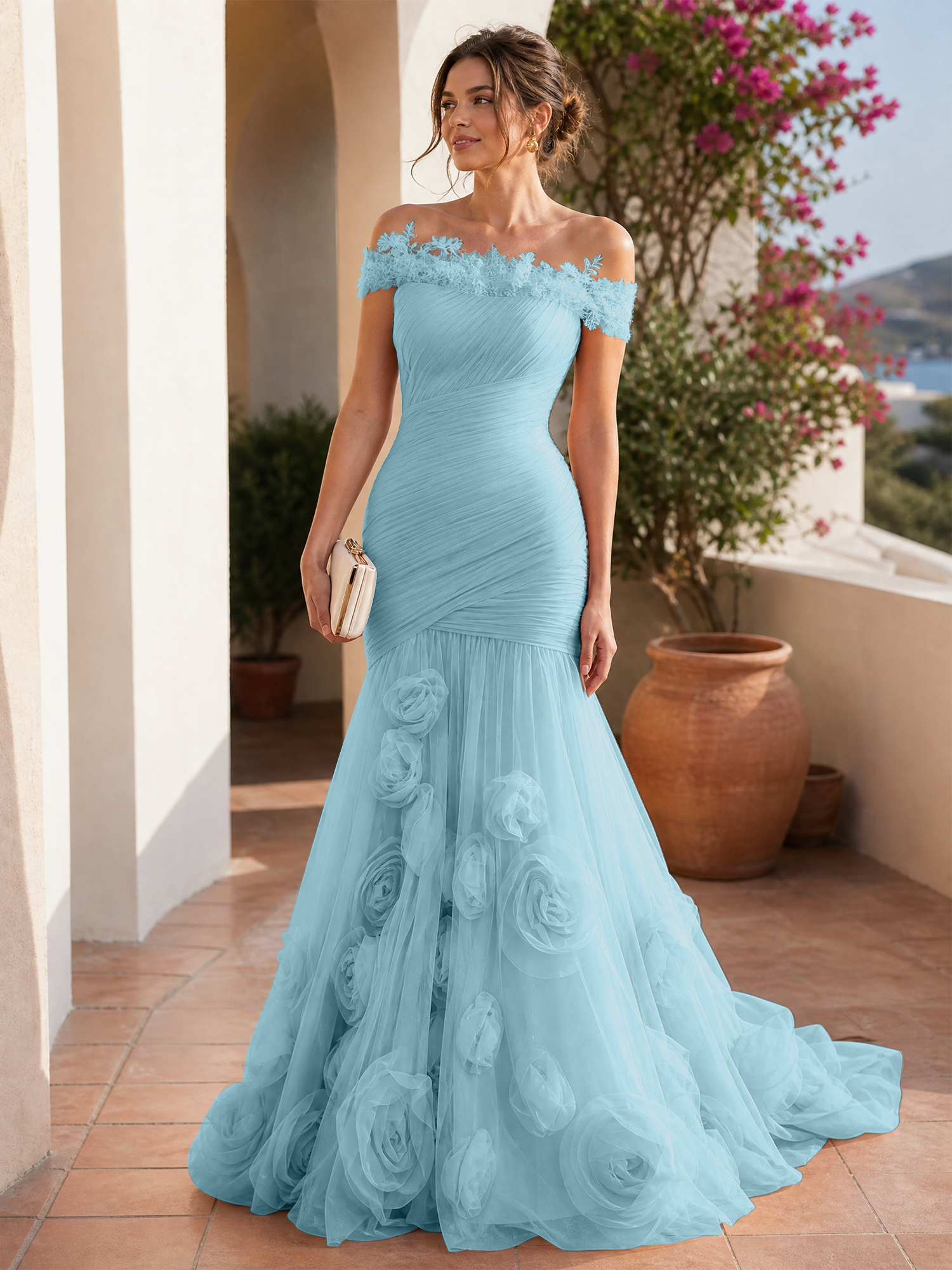 Romantic Blushing Rose Off-the-Shoulder Mermaid Formal Evening Dress 