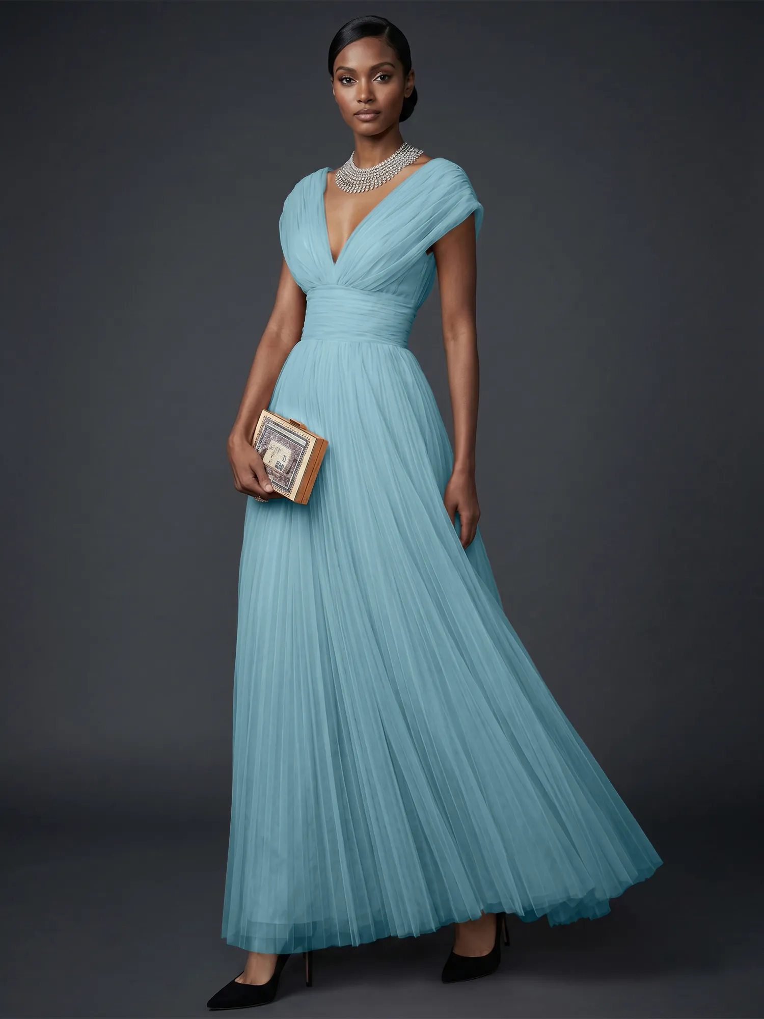 Draped V-Neck Pleated Tulle Evening Gown Maxi Dress