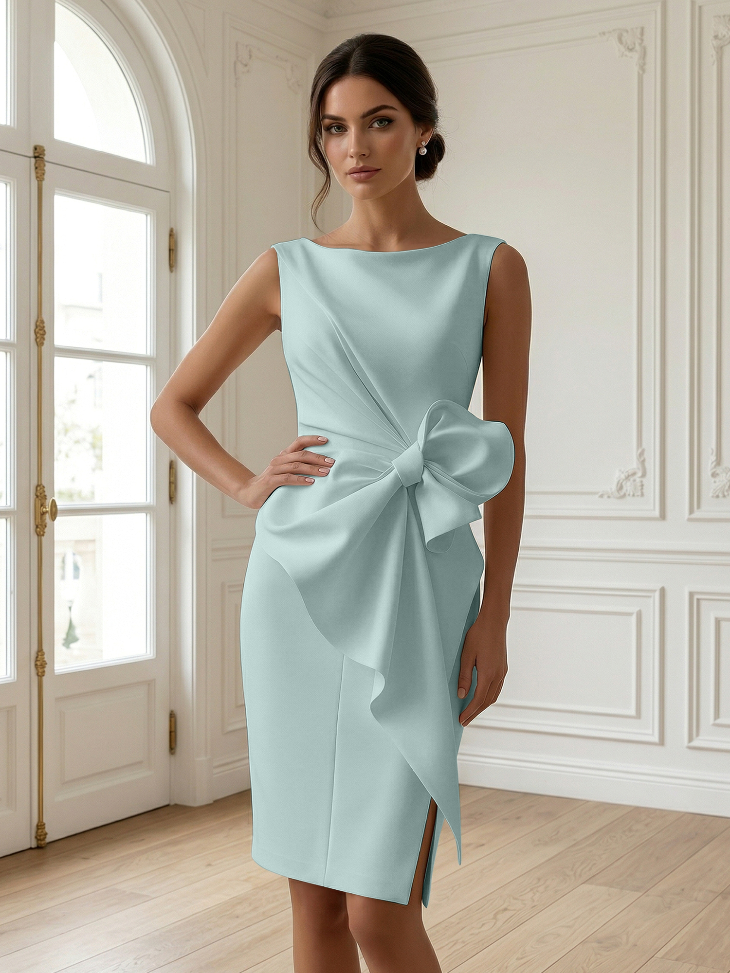 White 3D Bow Sleeveless Sheath Midi Dress Evening Gown