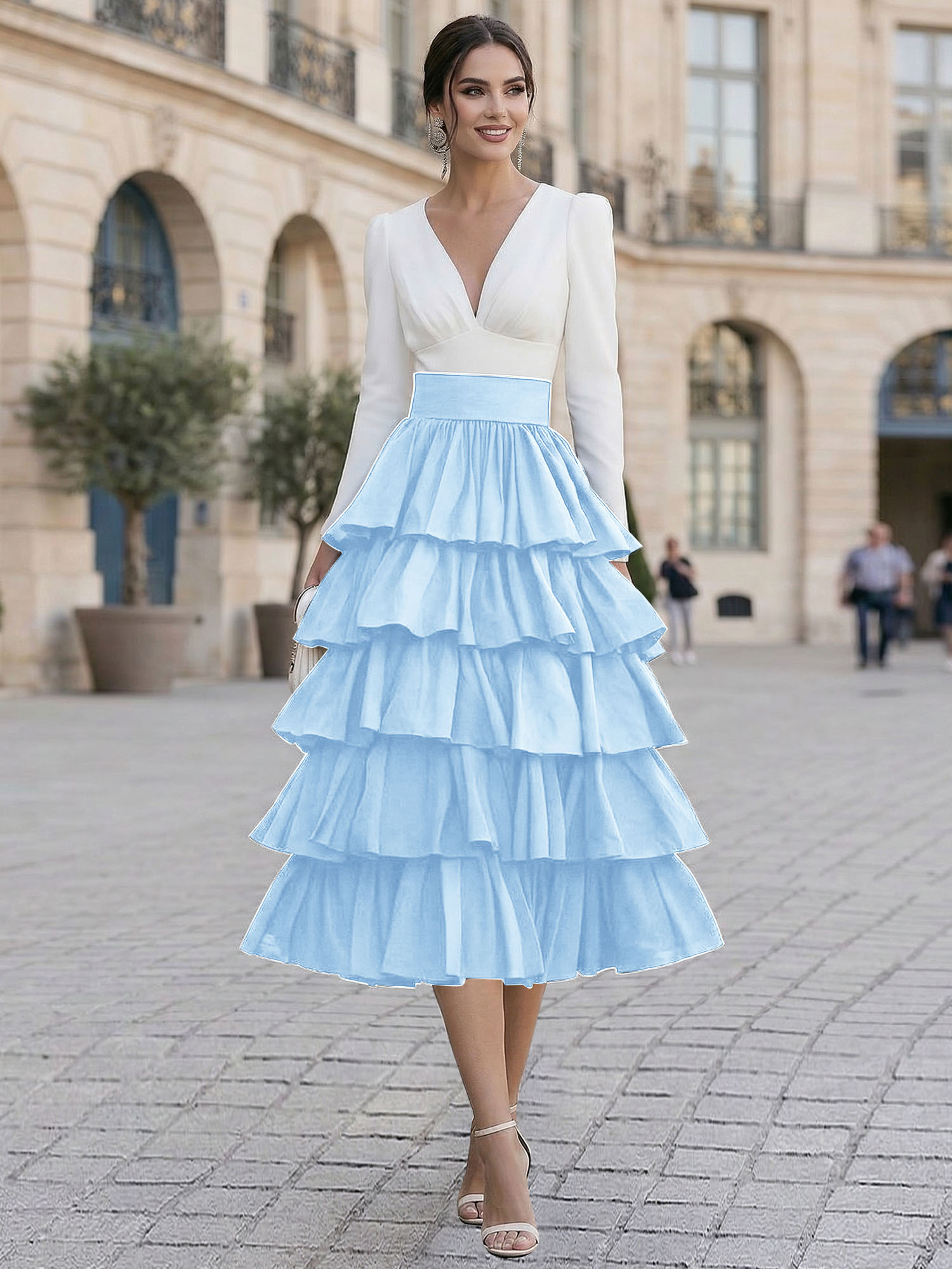 Elegant V-Neck Long Sleeve Tiered Ruffle Midi Dress with Contrast Waistband