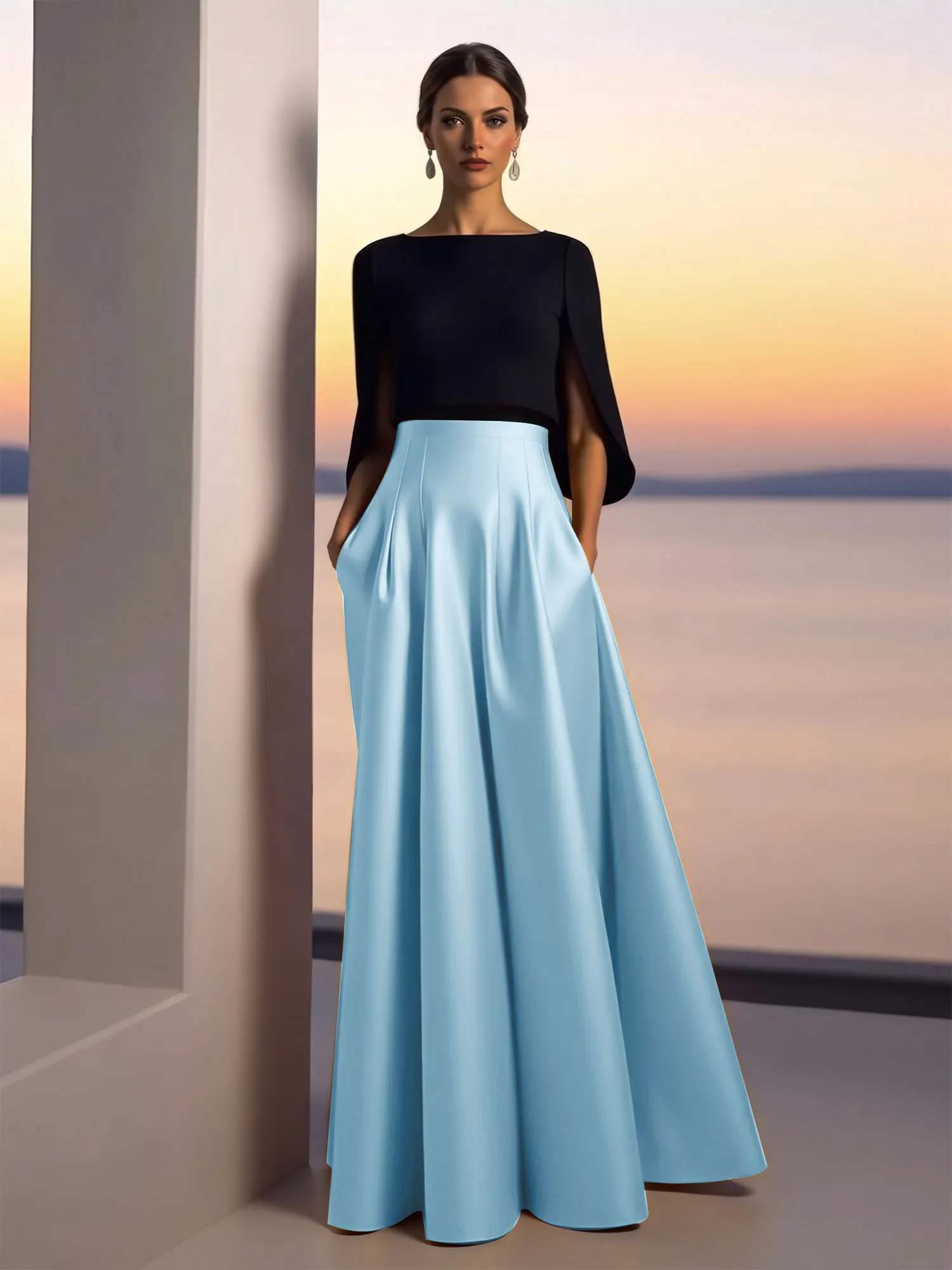Two-Piece Cape Sleeve Satin Ball Gown Evening Dress