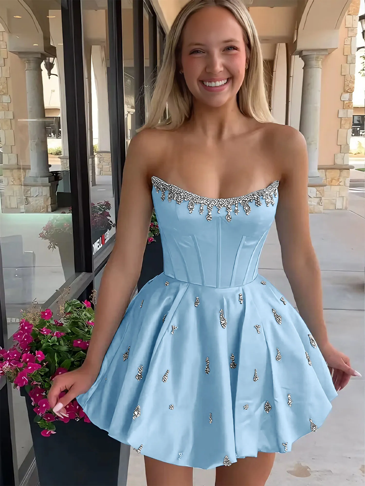 Strapless Beaded Corset Lace-Up Back Satin Homecoming Dress
