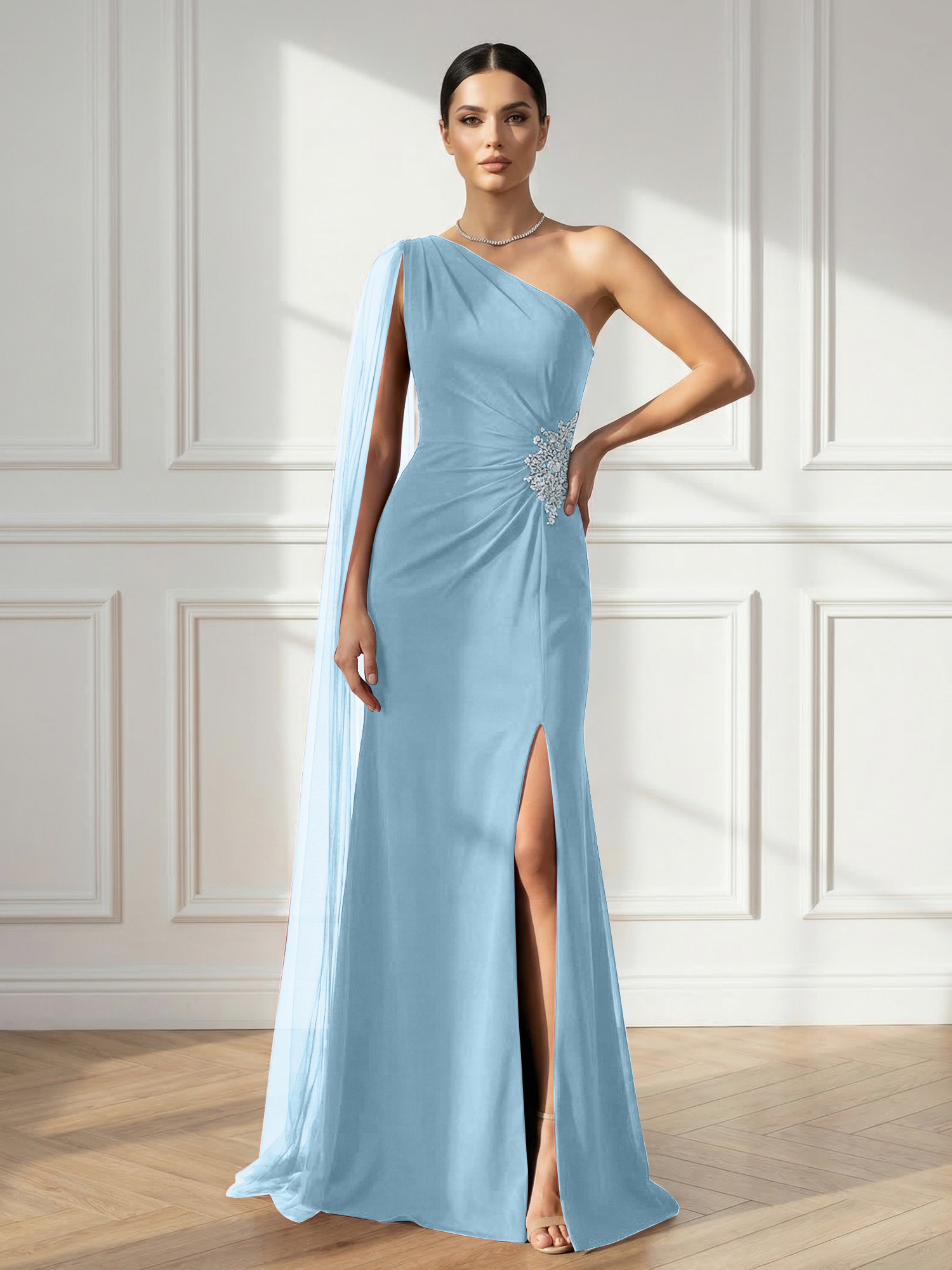 Formal Evening Dress Burgundy One Shoulder Slit Maxi Dress Gown