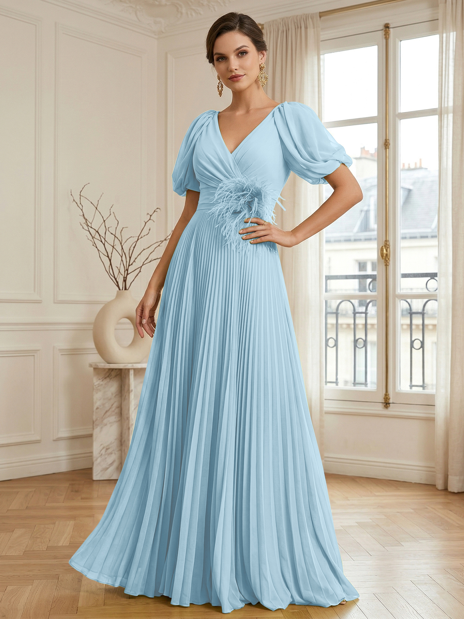 A-Line Chiffon Evening Gown with Feather V-Neck Short Sleeves Formal Dress