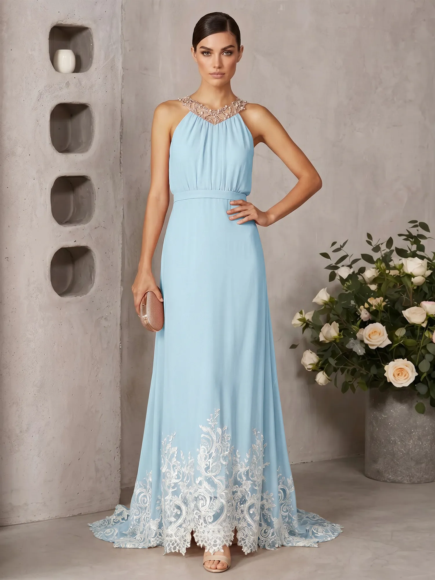 Halter Neck Beaded Chiffon Gown with Lace Hem
