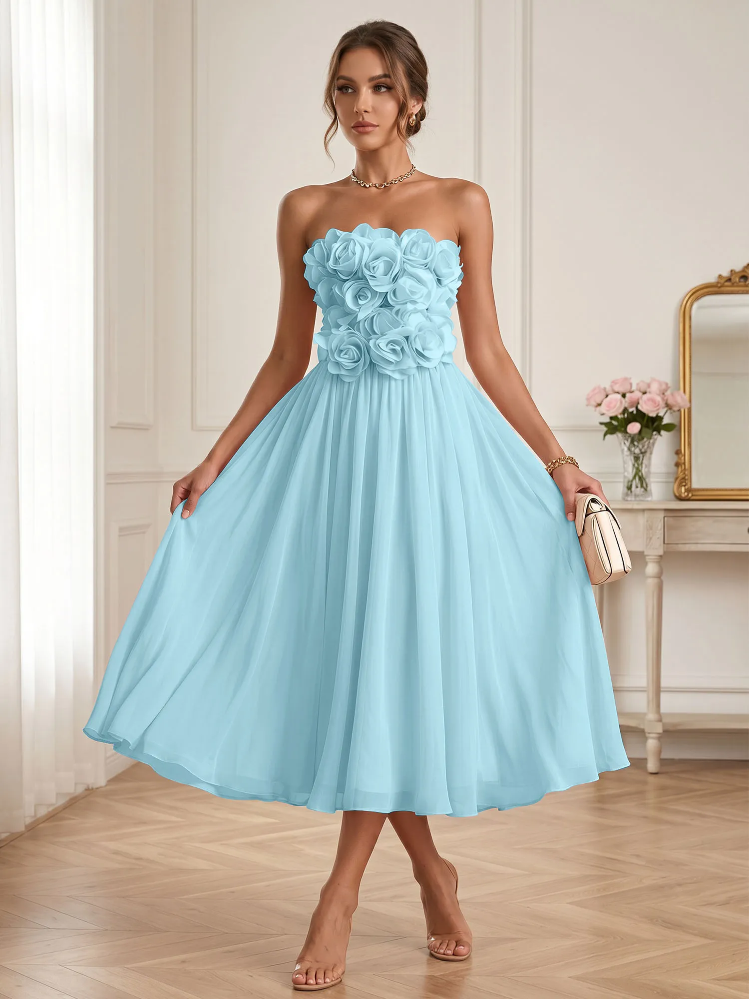 Strapless 3D Floral Chiffon A-Line Midi Formal Dress