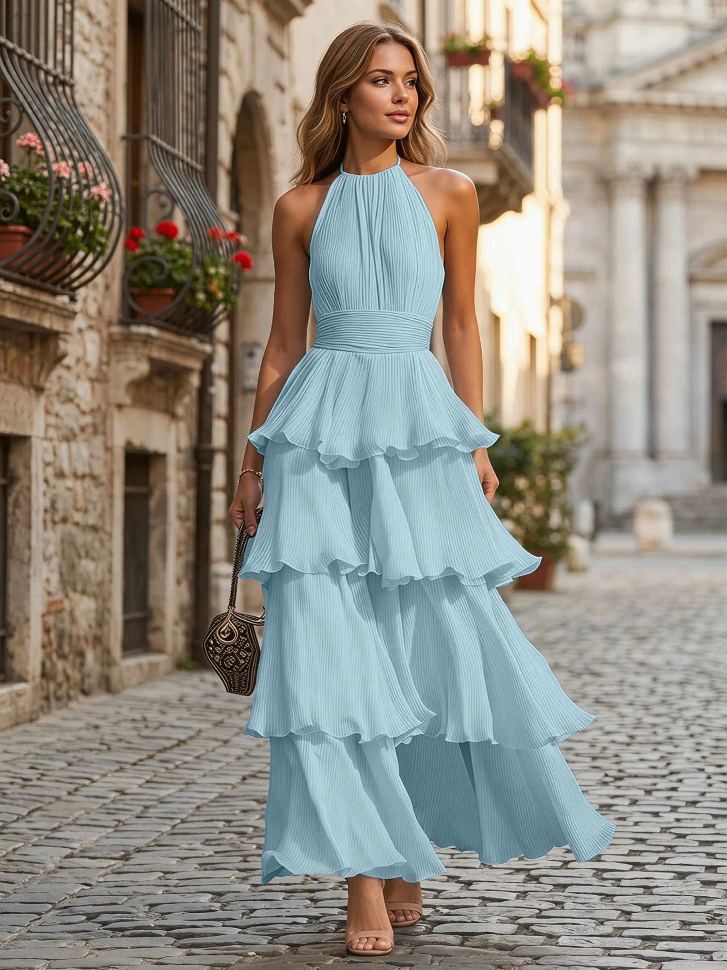 A Line Halter Neck Tiered Ruffle Chiffon Evening Dress