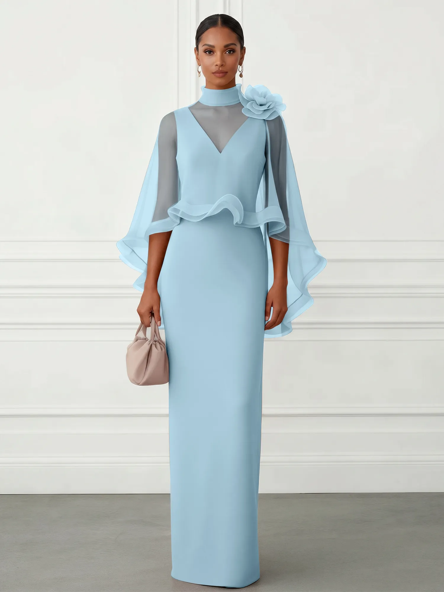 High-Neck Chiffon Cape Sleeve Sheath Evening Gown