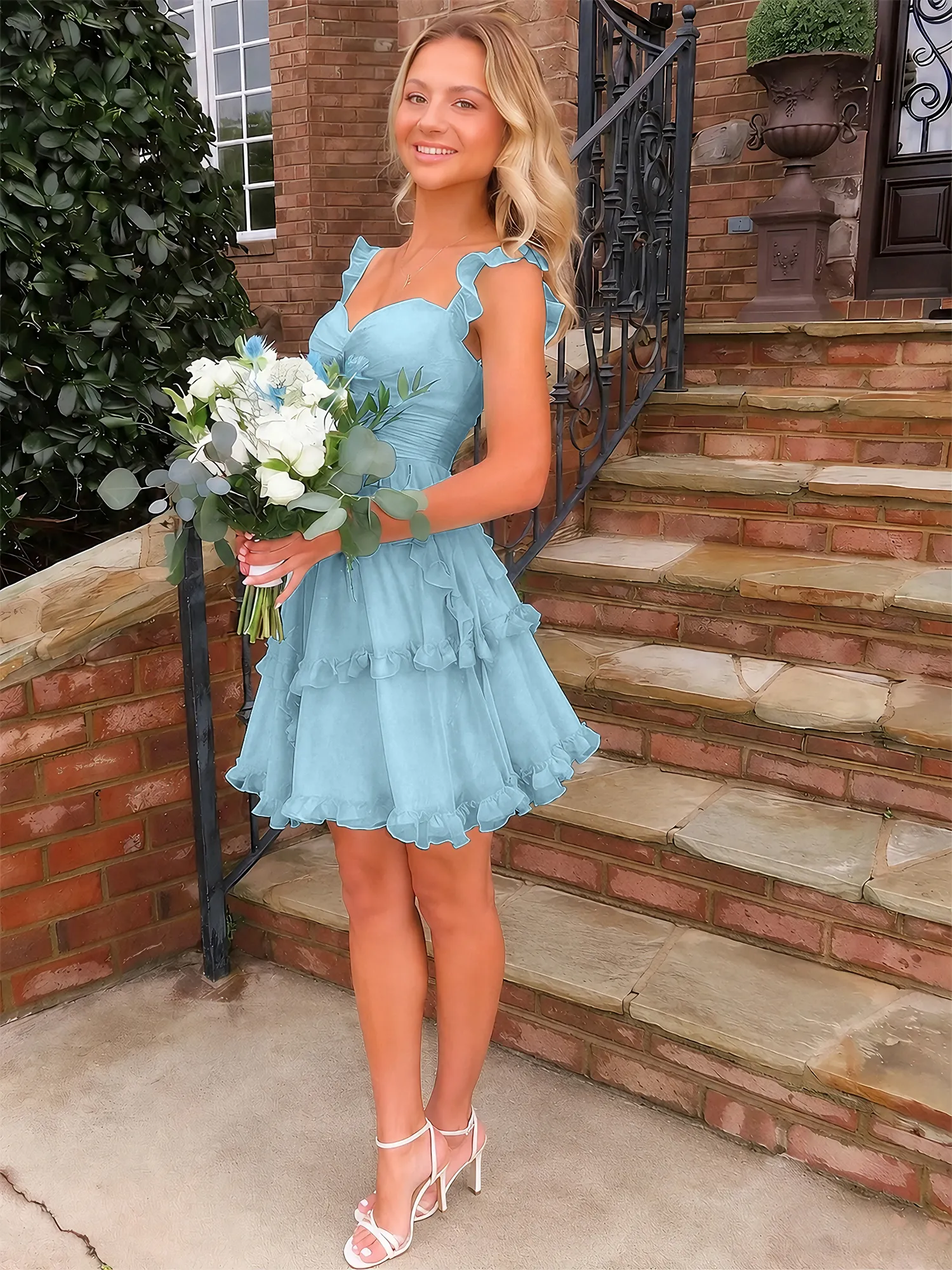 A Line Ruffled Tiered Chiffon Homecoming Dress with Lace-Up Back