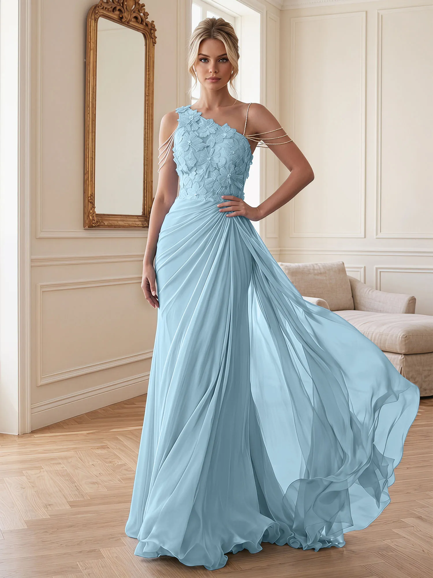 One-Shoulder Floral Lace Chiffon Evening Gown
