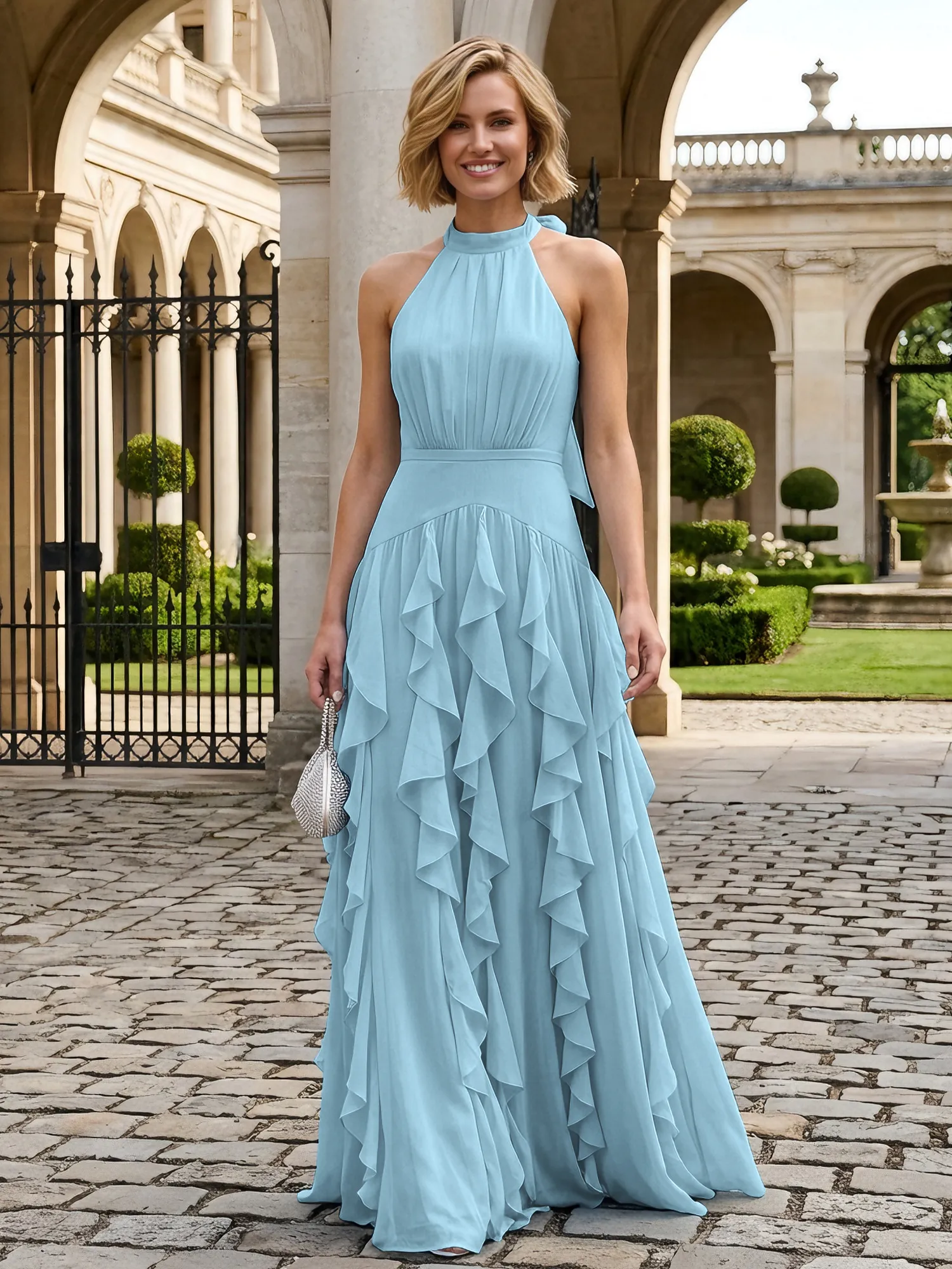 Halter Neck Ruffled Chiffon Evening Gown Maxi Dress