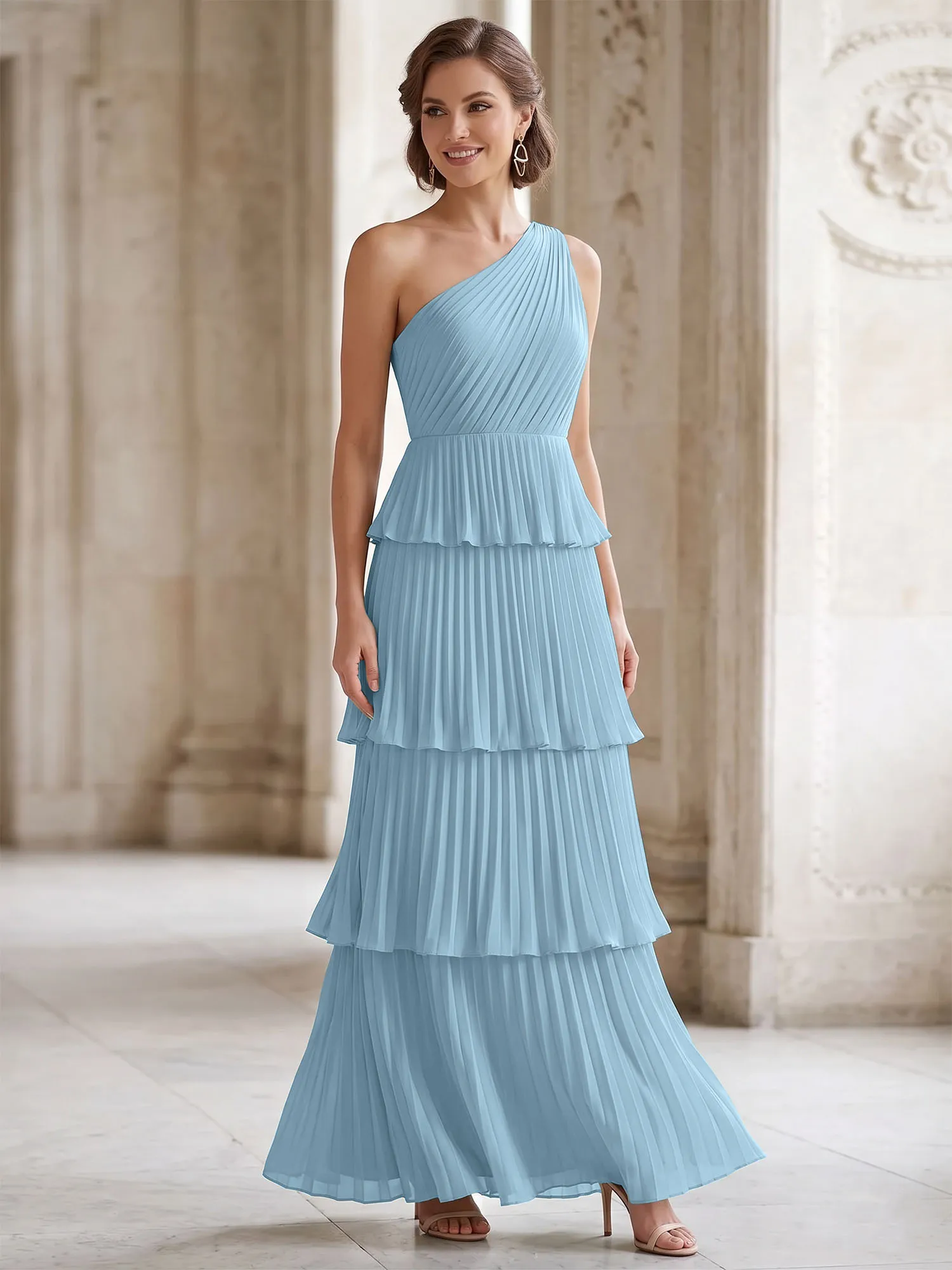 One-Shoulder Tiered Pleated Chiffon Evening Gown