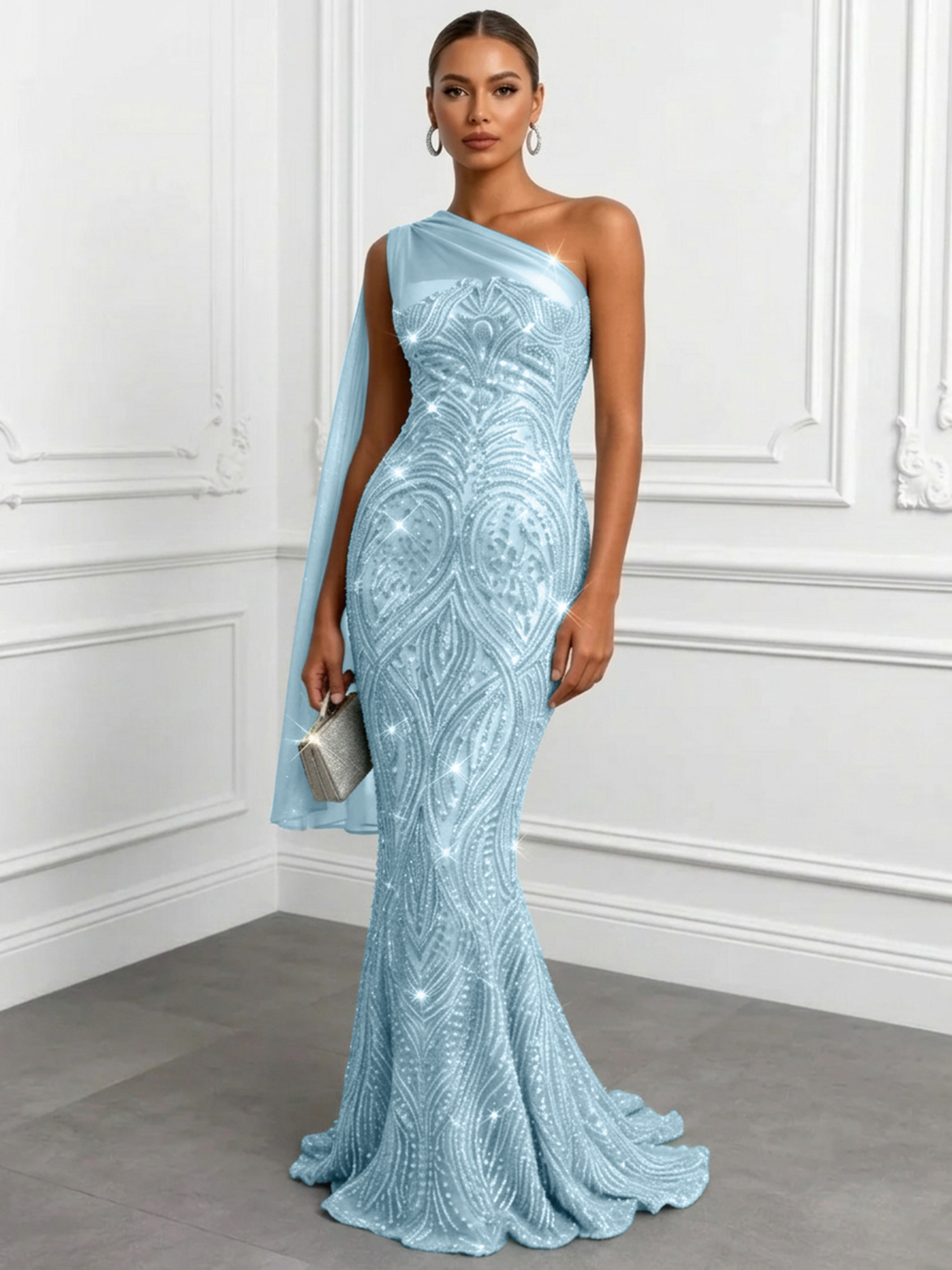 Shimmering Sage One-Shoulder Sequin Mermaid Evening Dress