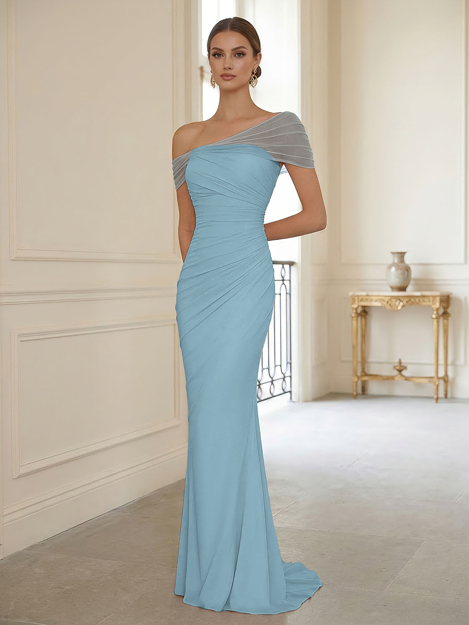 Sophisticated Blush Pink Asymmetrical Ruched Maxi Dress Evening Gown