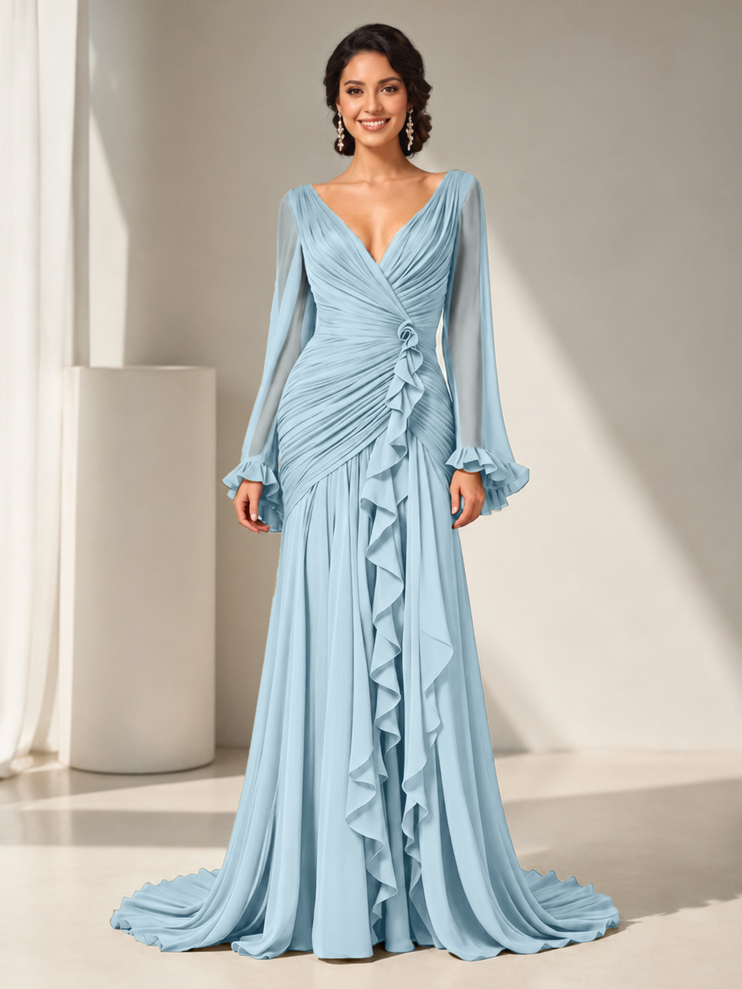 Grecian Olive Green Ruched Long-Sleeve Cascading Ruffle Formal Evening Dress