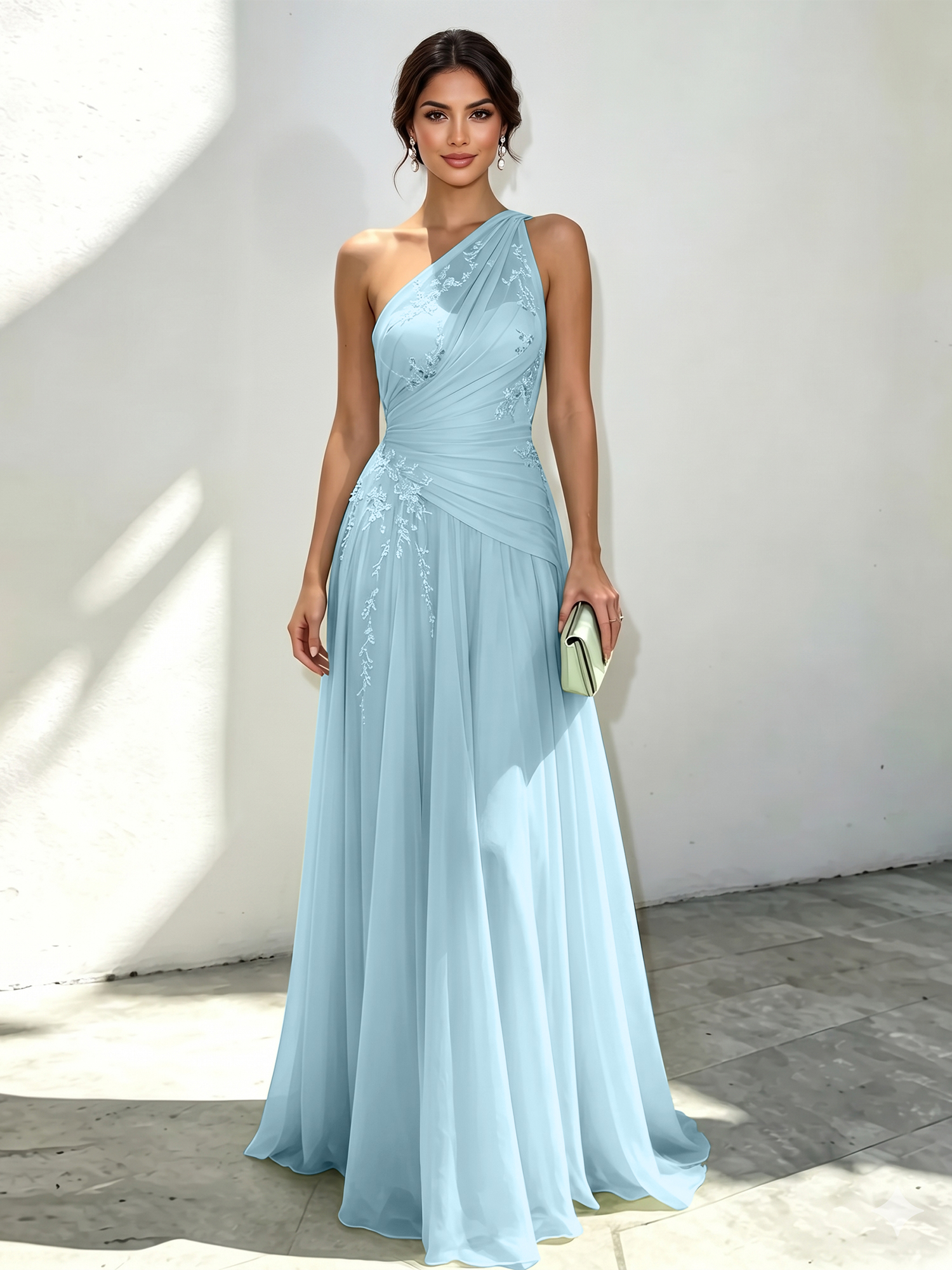 Ethereal Mint Green One-Shoulder Chiffon Evening Dress with Delicate Floral Embroidery