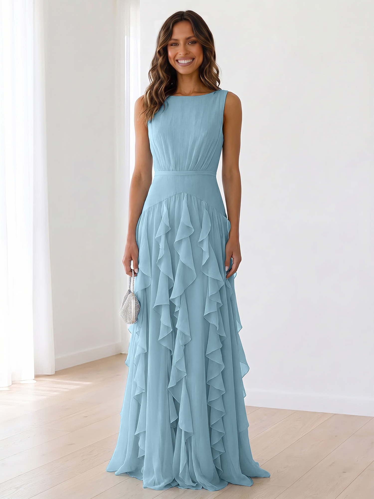 Ethereal Powder Blue Cascading Ruffle Maxi Formal Evening Dress