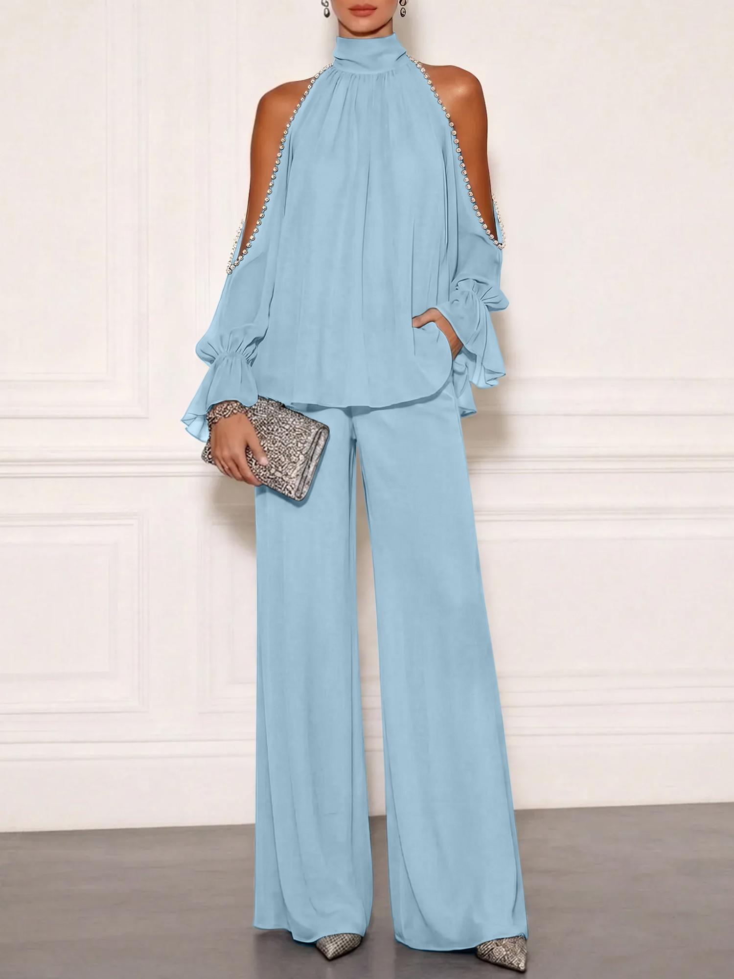 Sophisticated Embellished Cold Shoulder Formal Evening Jumpsuit