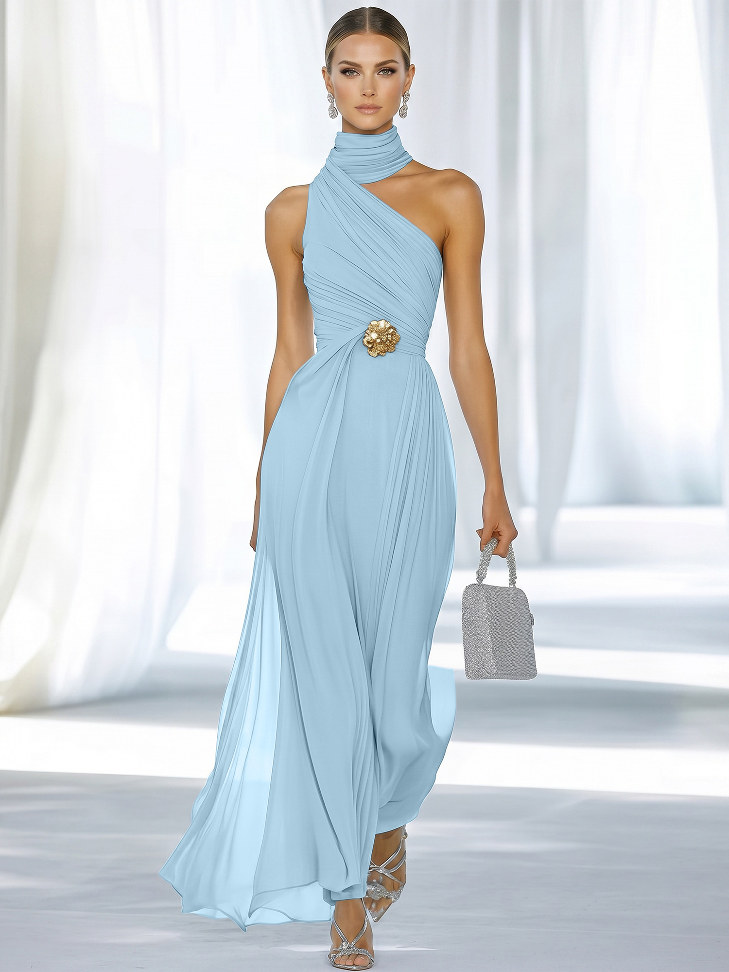 Sky Blue Pleated Chiffon Halter Strapless Formal Evening Dress
