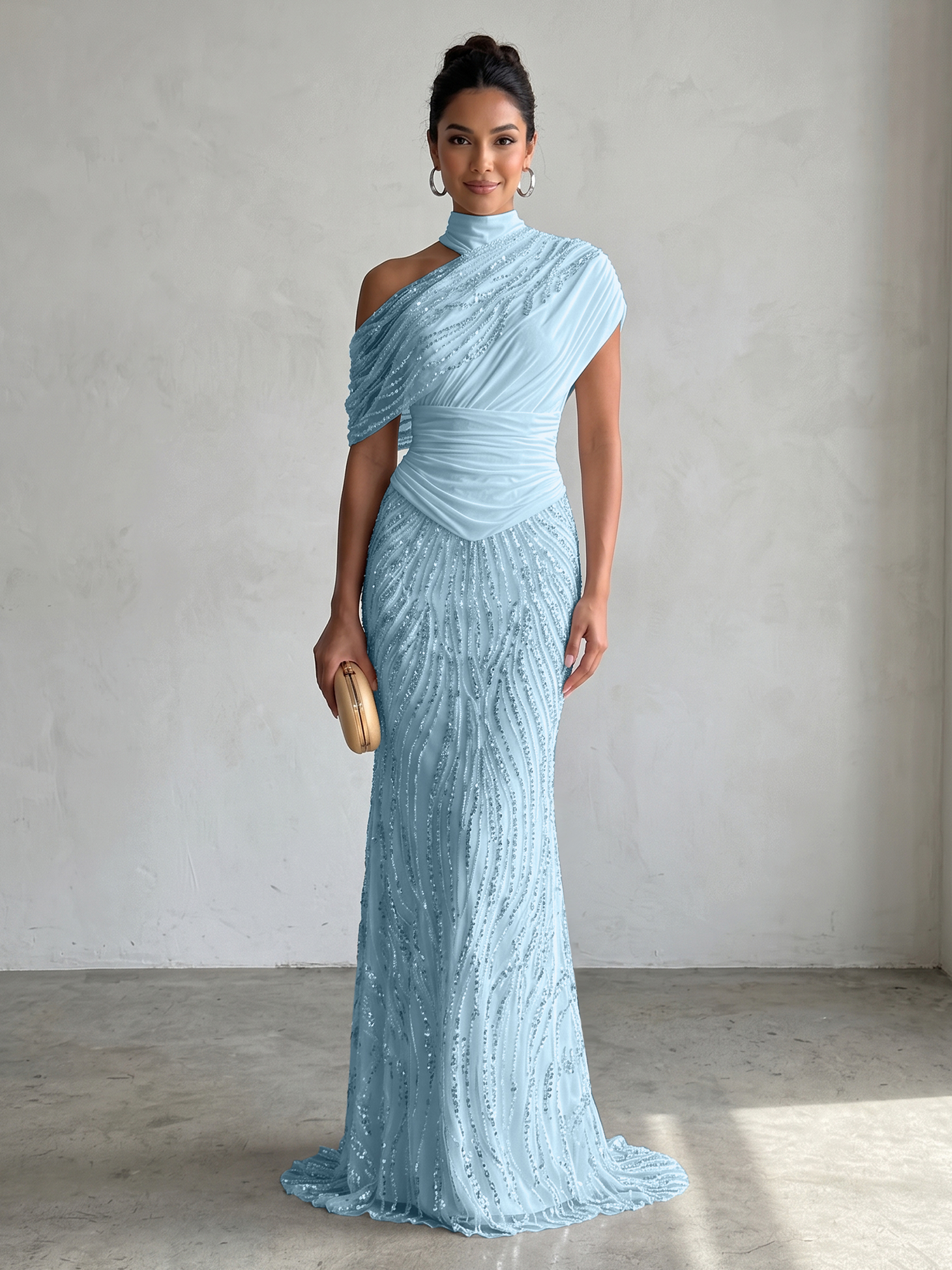 Ethereal White Beaded High-Neck Draped Sheath Formal Evening Dress