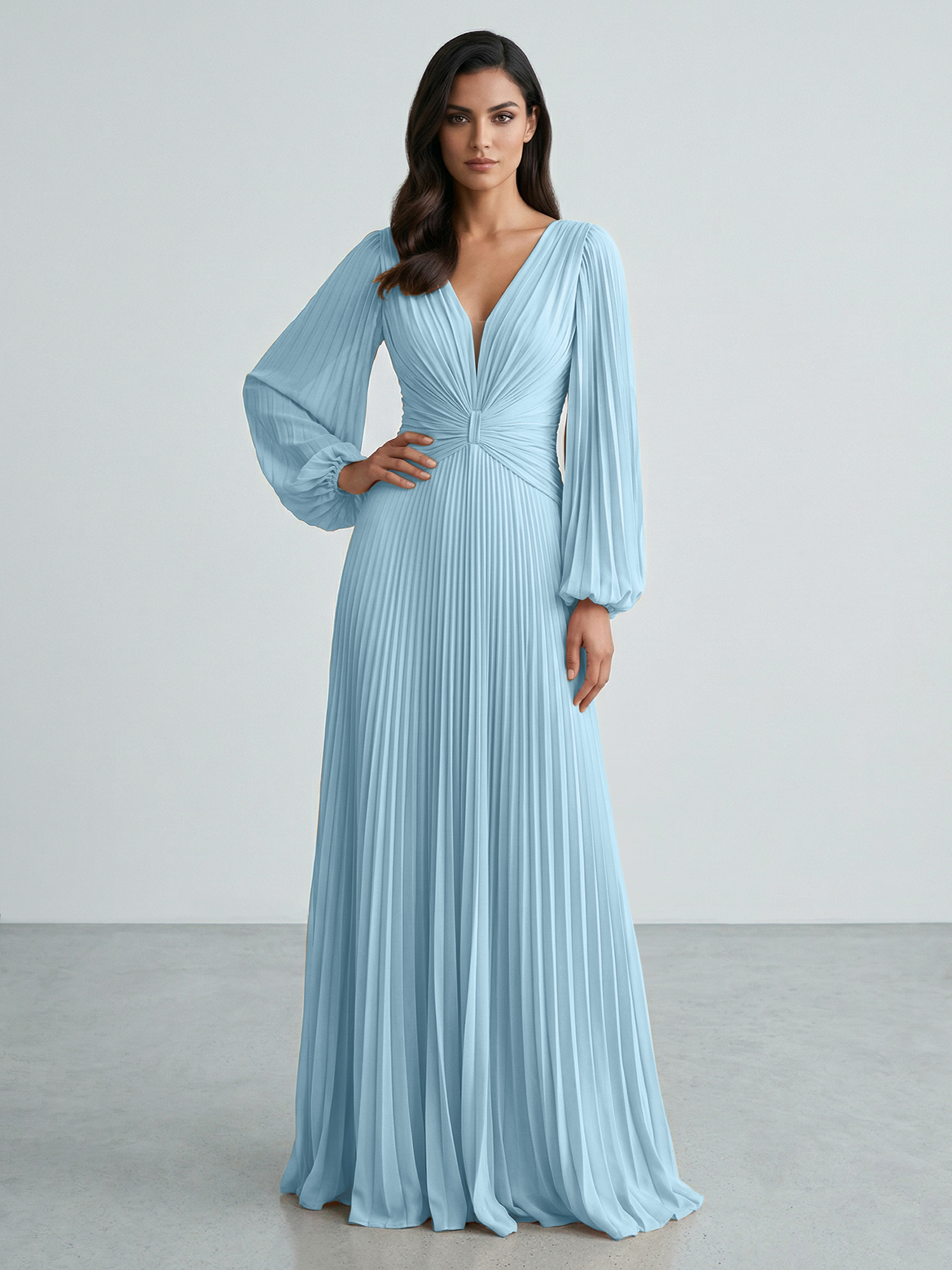 Slate Blue Plunging V-Neck Pleated Long Sleeve Maxi Dress Gown