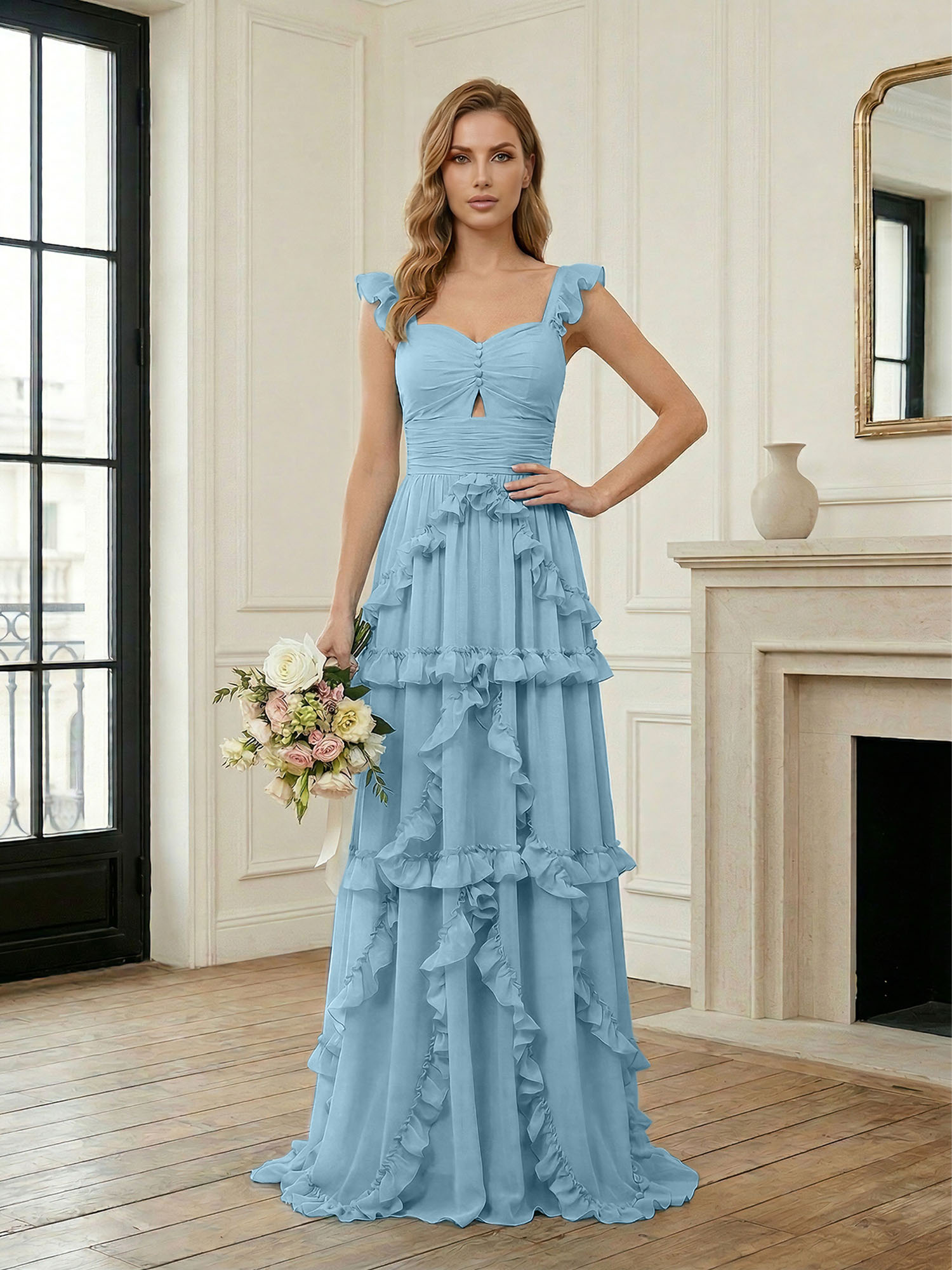 Ethereal Sky Blue Tiered Ruffle Chiffon Maxi Dress Gown