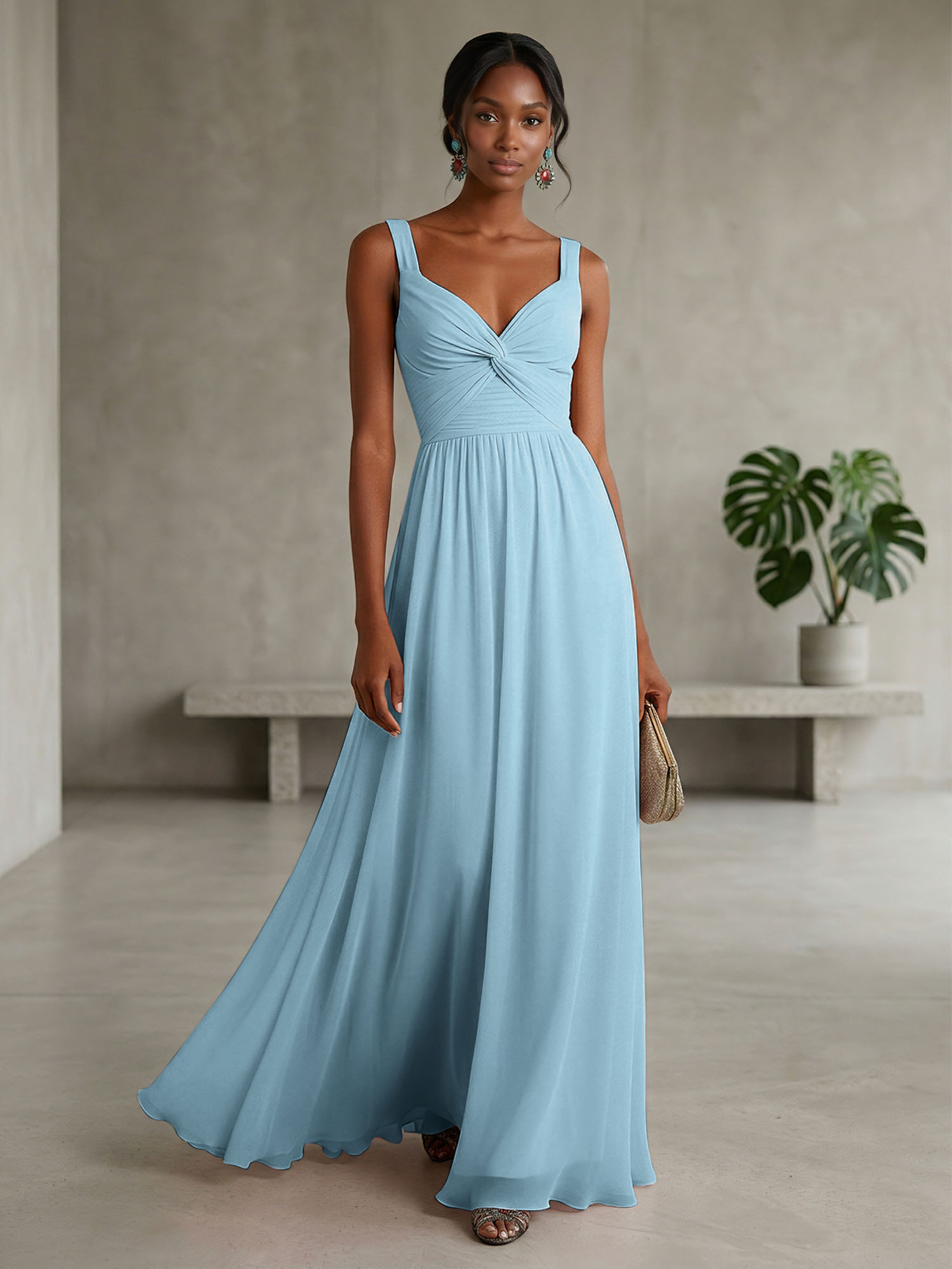 Elegant Soft Blush Twist-Front Chiffon Maxi Gown