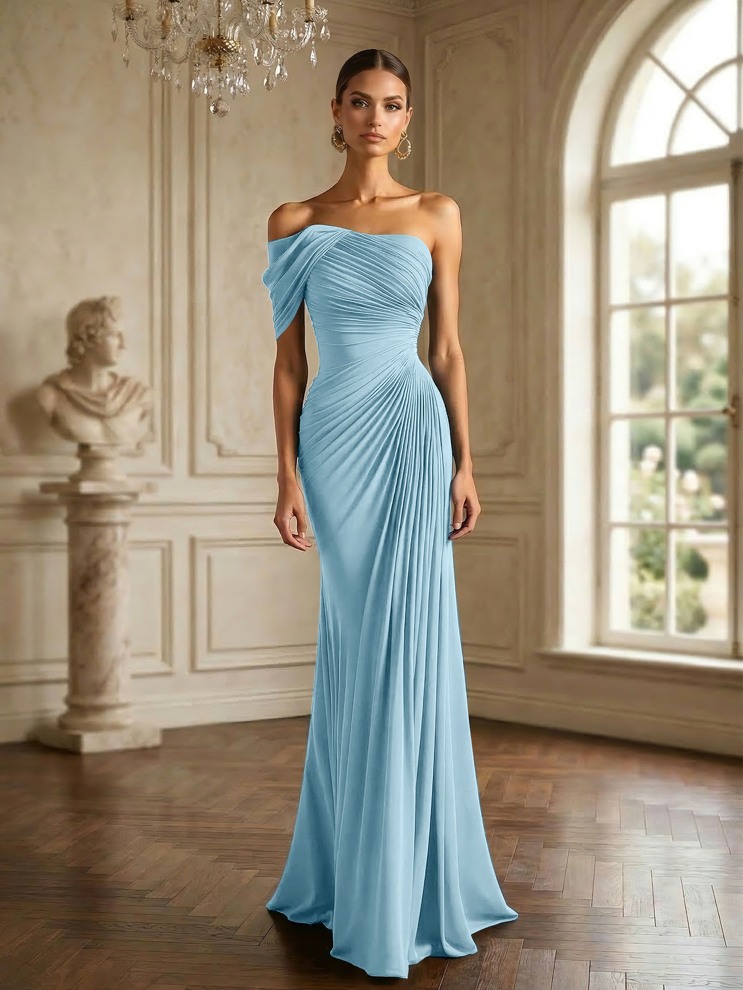 One Shoulder Pleat Mermaid Chiffon Evening Dresses for Women Gown