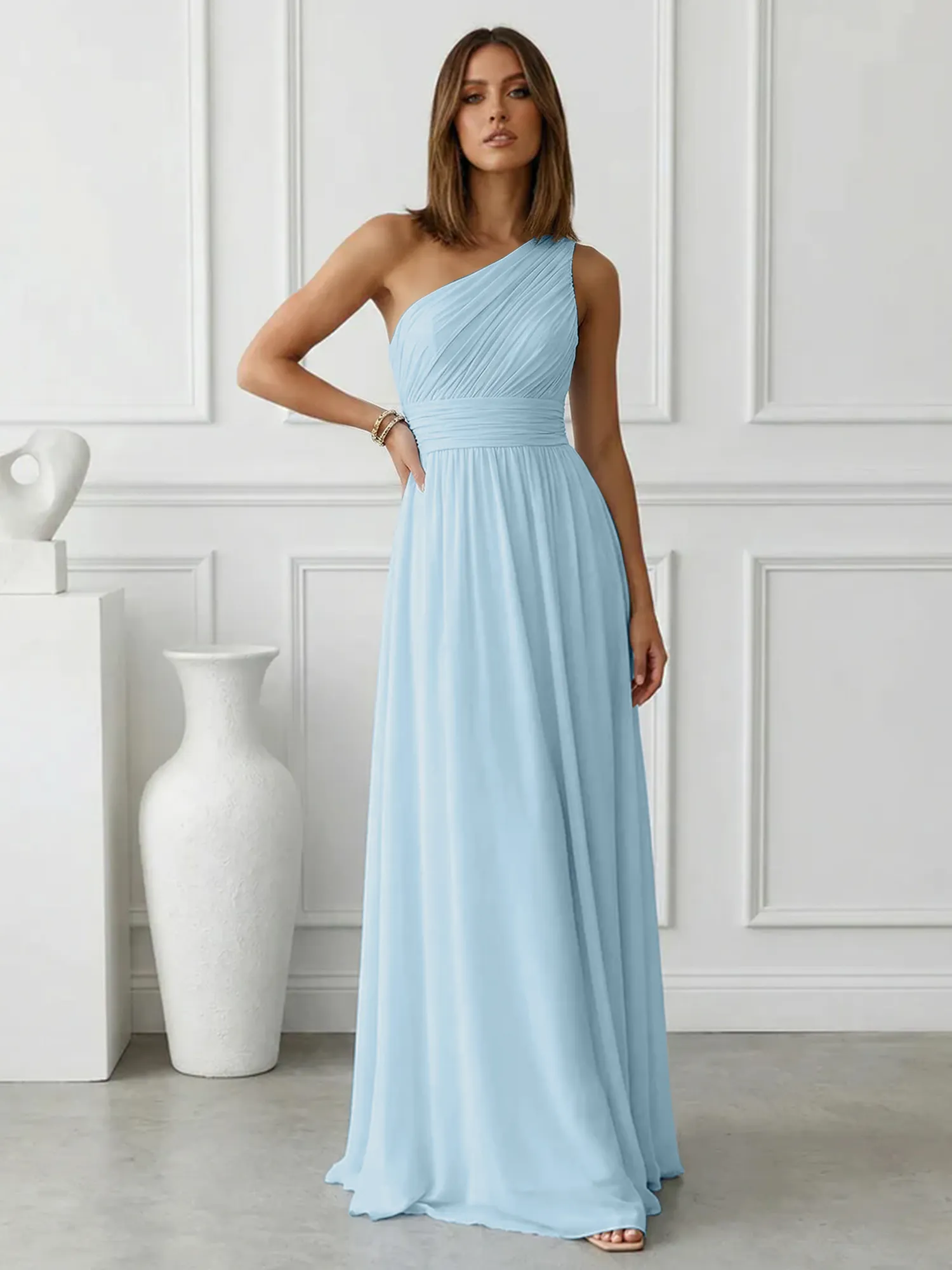 One-Shoulder Pleated Chiffon A-Line Evening Dress