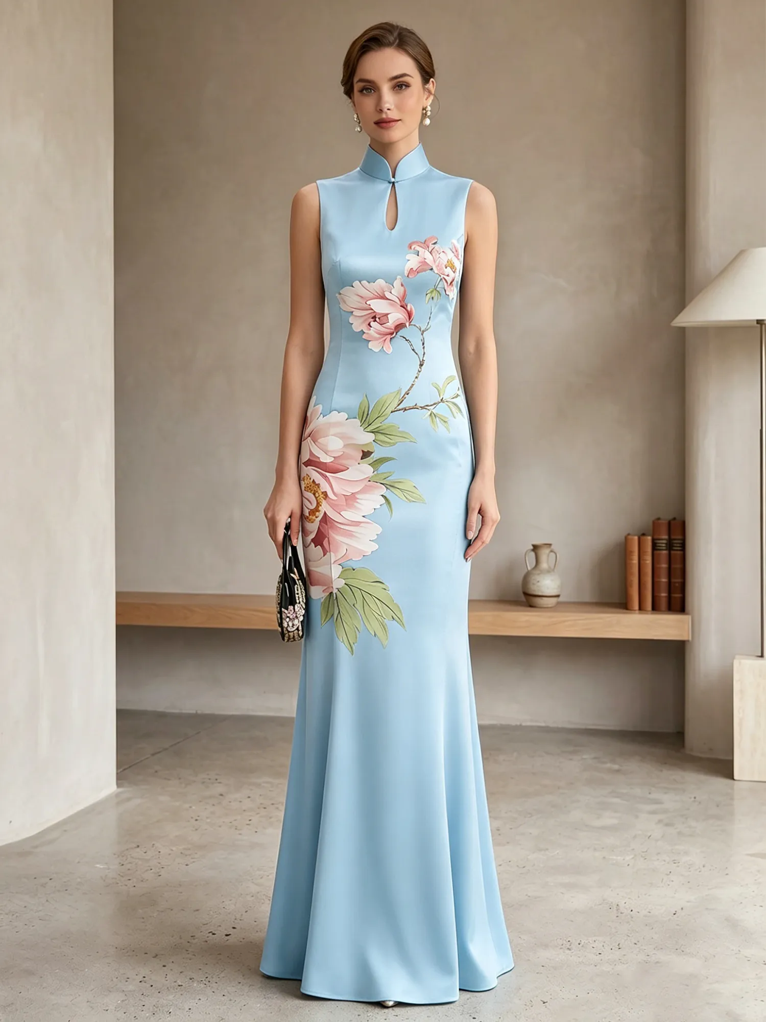 Satin Qipao-Inspired Floral Mermaid Evening Gown