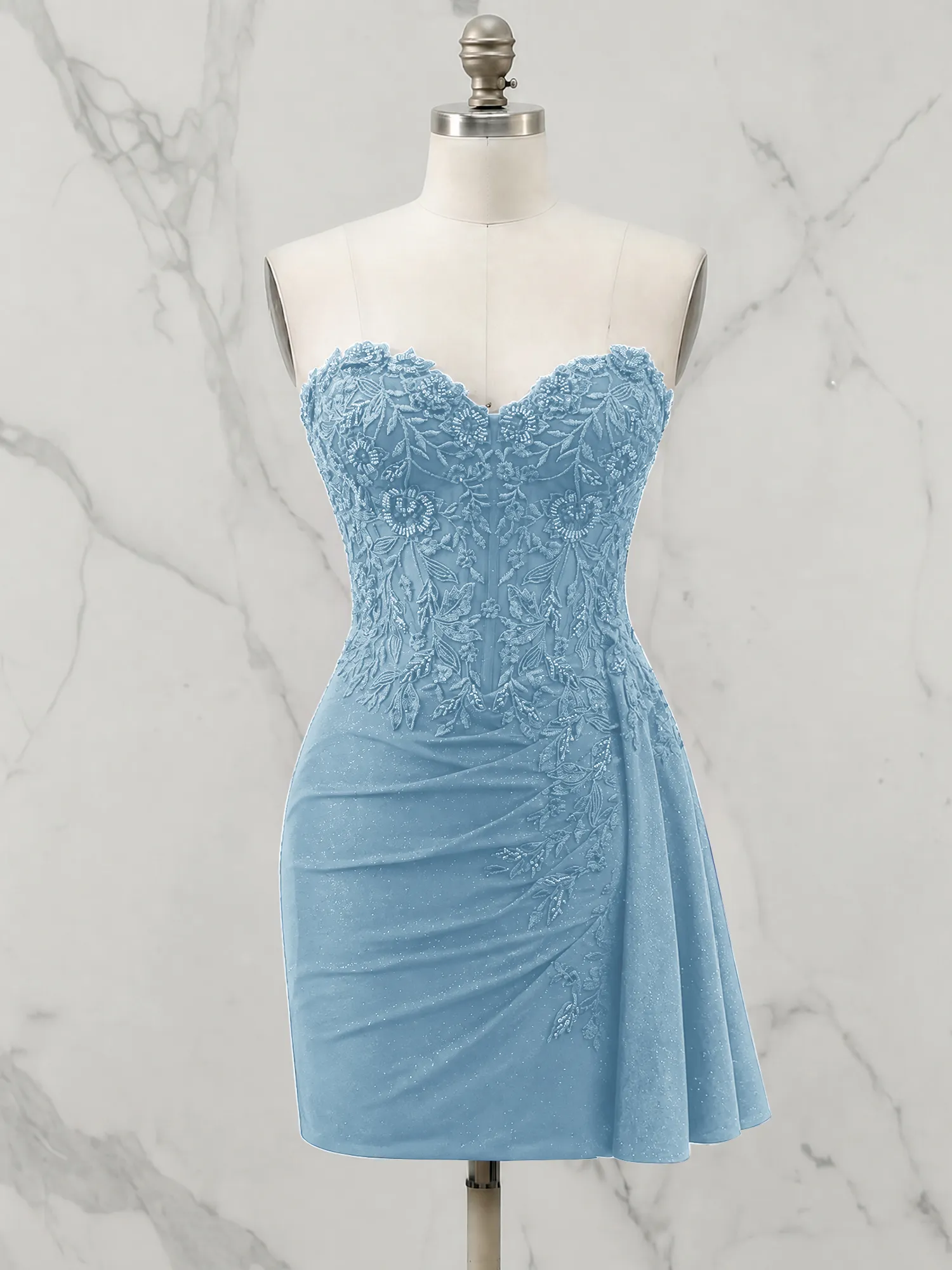 Strapless Lace Appliqué Glitter Homecoming Dress with Side Drape