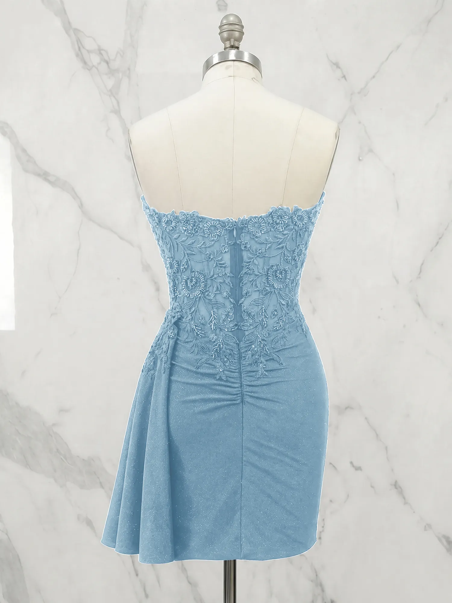 Strapless Lace Appliqué Glitter Homecoming Dress with Side Drape