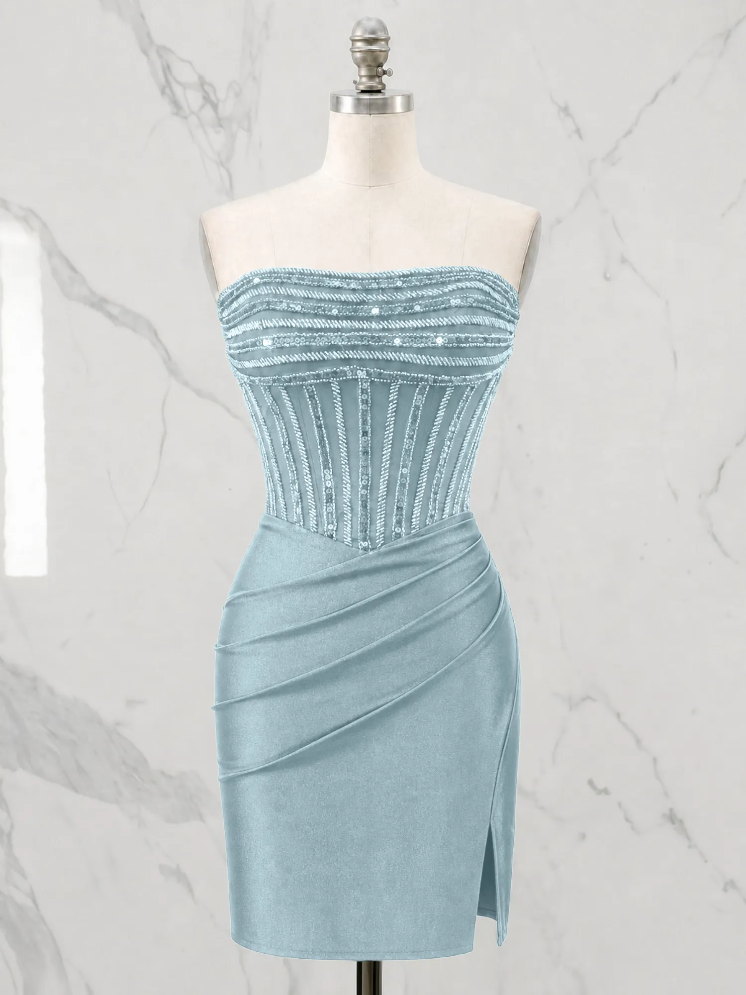 Strapless Beaded Corset Homecoming Dress with Ruched Skirt